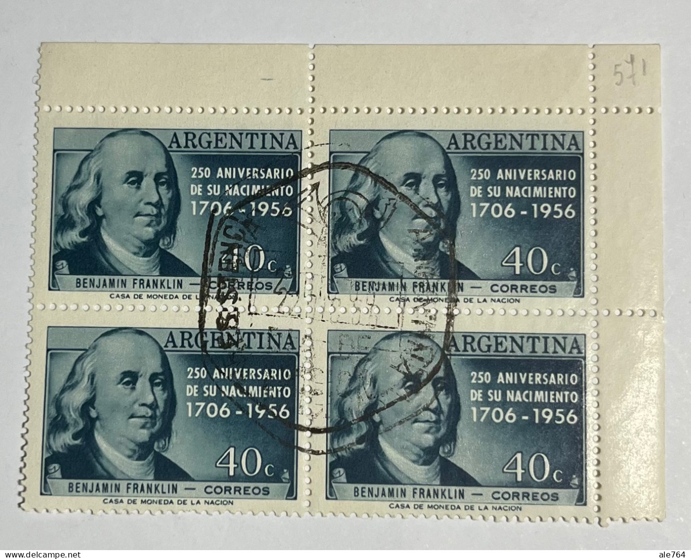 Argentina 1956 B. Franklin, Primer Día De Emisión, En Cuadro, GJ 1076, Sc 660, MNH. - Neufs