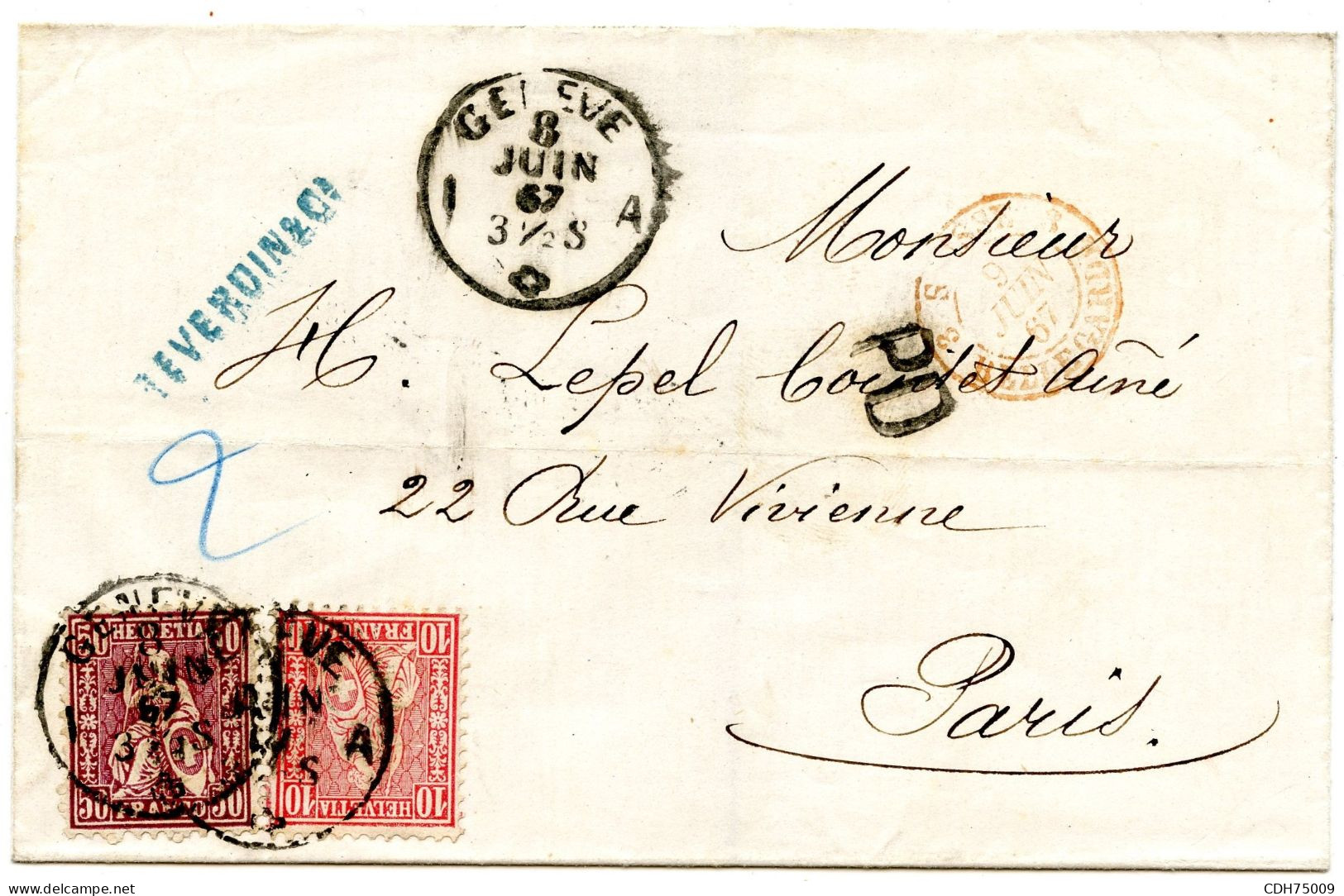 SUISSE - SBK 38+43  10C+50C SUR LETTRE DOUBLE PORT DE GENEVE POUR PARIS, 1867 - Briefe U. Dokumente