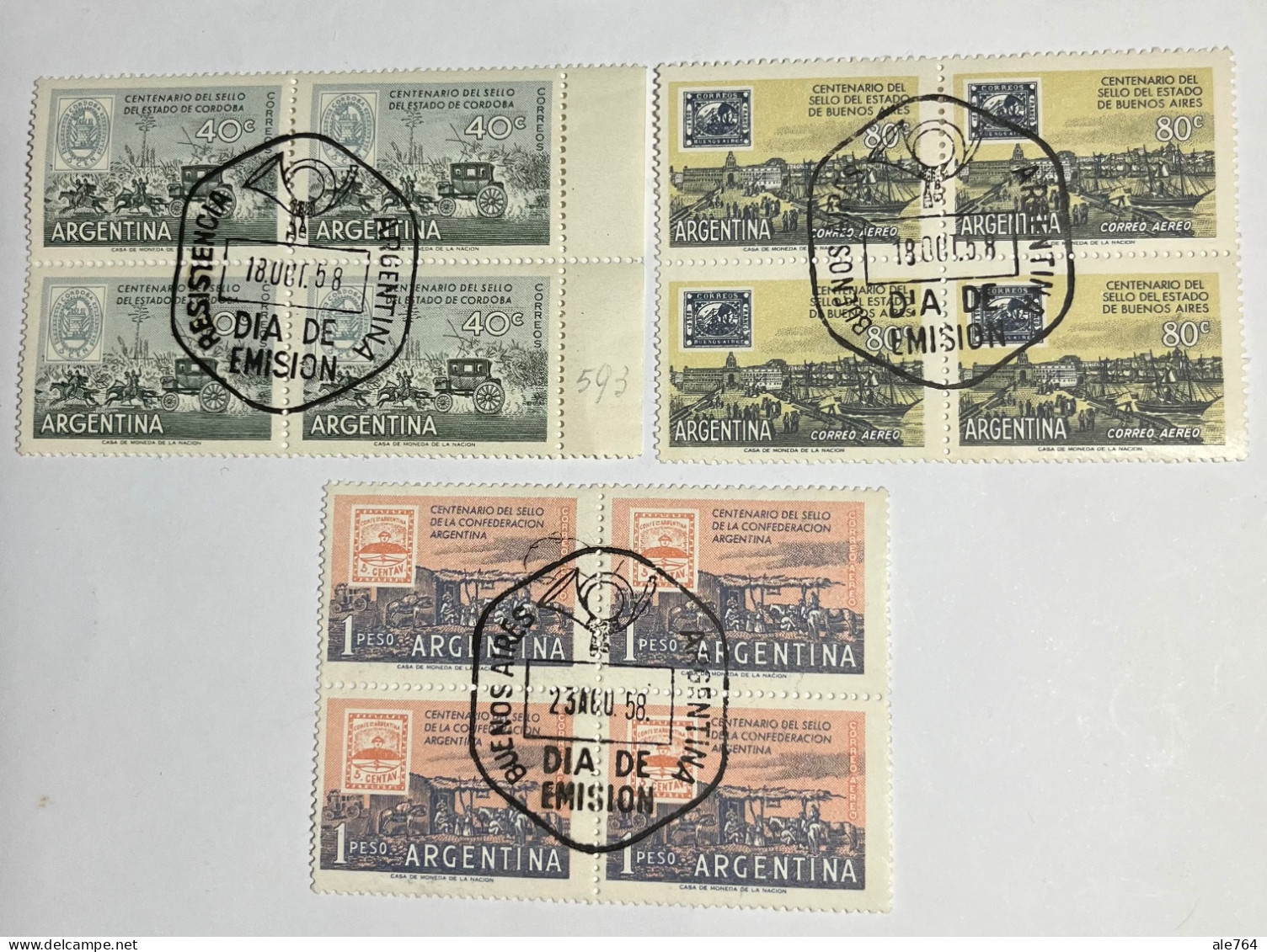 Argentina 1958 Centenario Del Sello, Primer Día De Emisión, En Cuadro, GJ1109,1113/4, Sc 678,C 72/3, Set Completo, MNH. - Ungebraucht