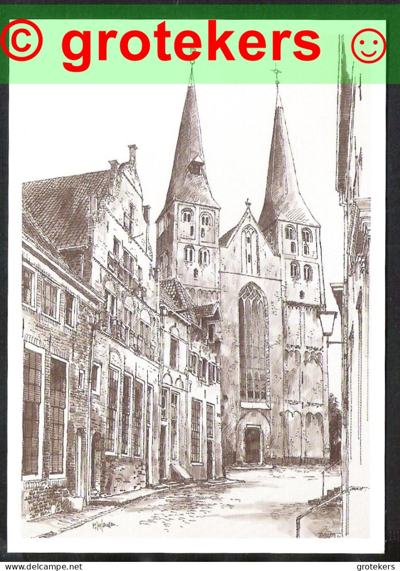 DEVENTER Berg Of St.Nikolaaskerk Met Bergstraat ± 1981 Pentekening Marinus Jansen - Deventer