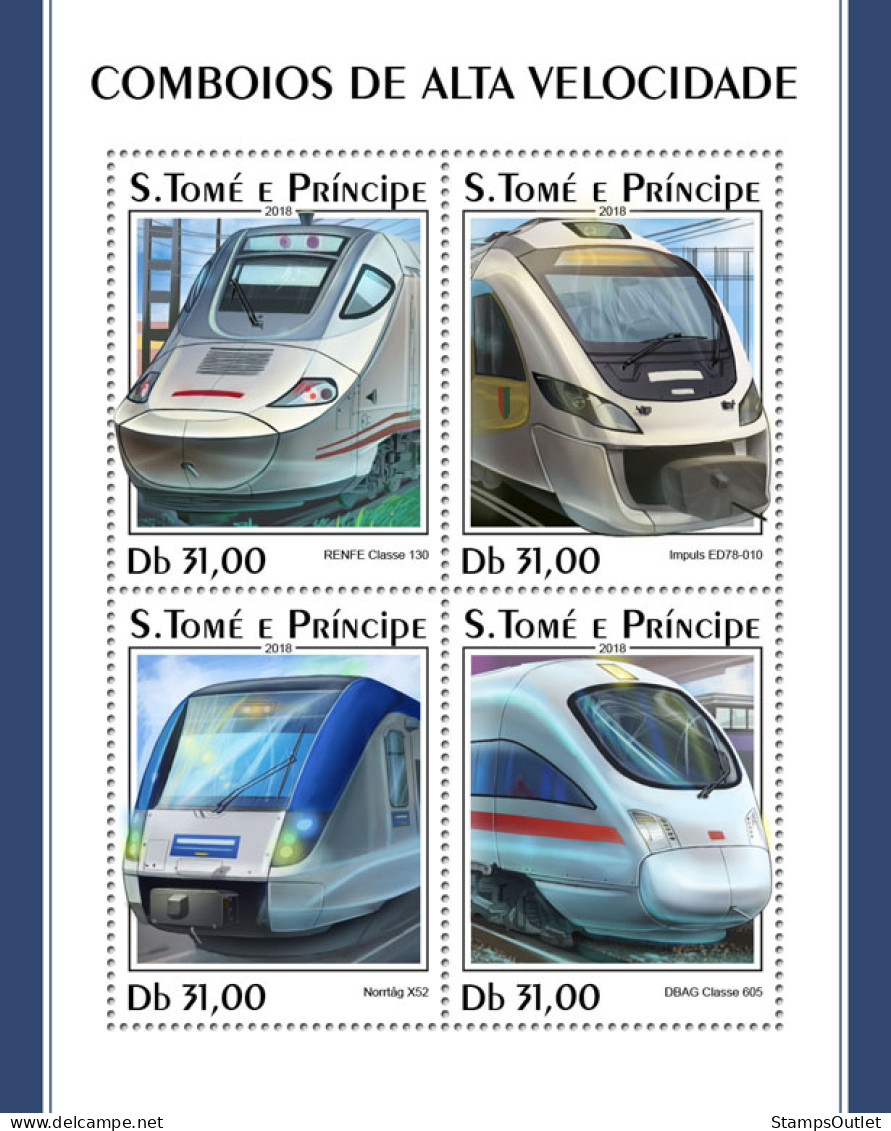  SÃO TOMÉ AND PRÍNCIPE 2018 MNH  Speed Trains  Michel Code: 7798-7801. Yvert&Tellier Code: 6177-6180 - Sao Tome Et Principe