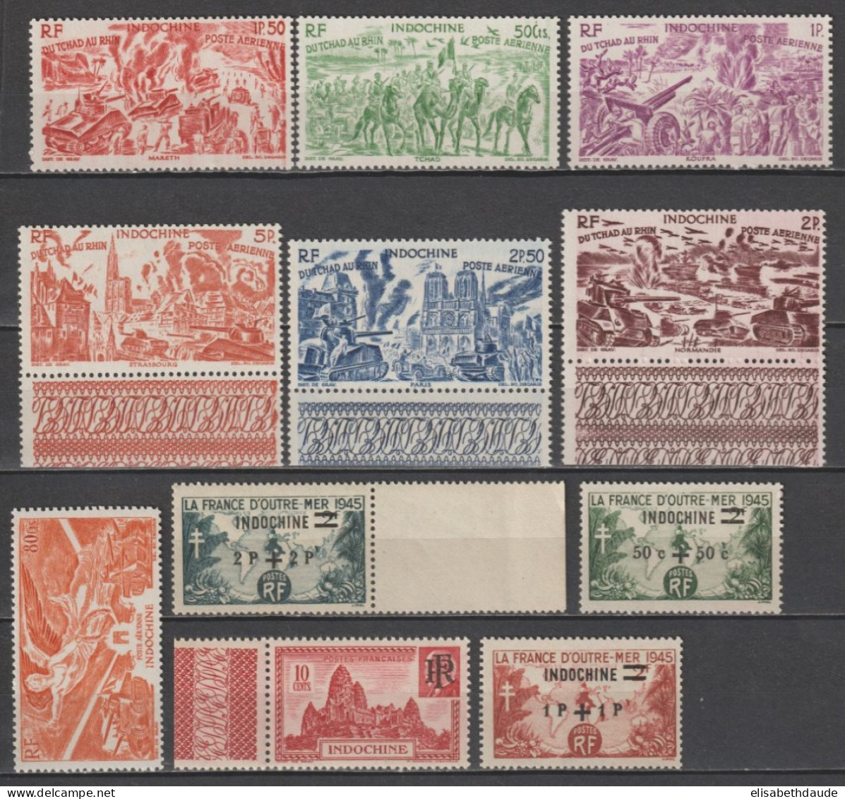 INDOCHINE - 1945/1946 - ANNEES COMPLETES AVEC POSTE AERIENNE YVERT N° 296/299 + A39/45 ** MNH - COTE = 21.5 EUR - Unused Stamps