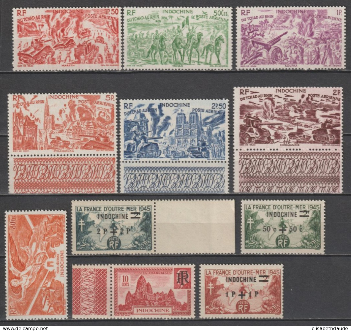 INDOCHINE - 1945/1946 - ANNEES COMPLETES AVEC POSTE AERIENNE YVERT N° 296/299 + A39/45 ** MNH - COTE = 21.5 EUR - Ongebruikt