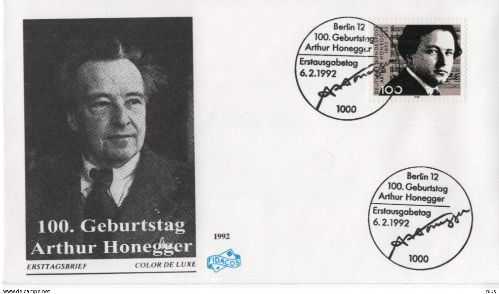 Germany Deutschland 1992 FDC Arhur Honegger, Composer Komponist Music Musik Musique, Canceled In Berlin - 1991-2000