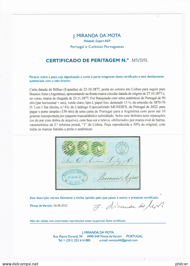 Portugal, 1877, # 41c Dent. 13 1/2, Para Buenos Aires, Com Certificado - Usado