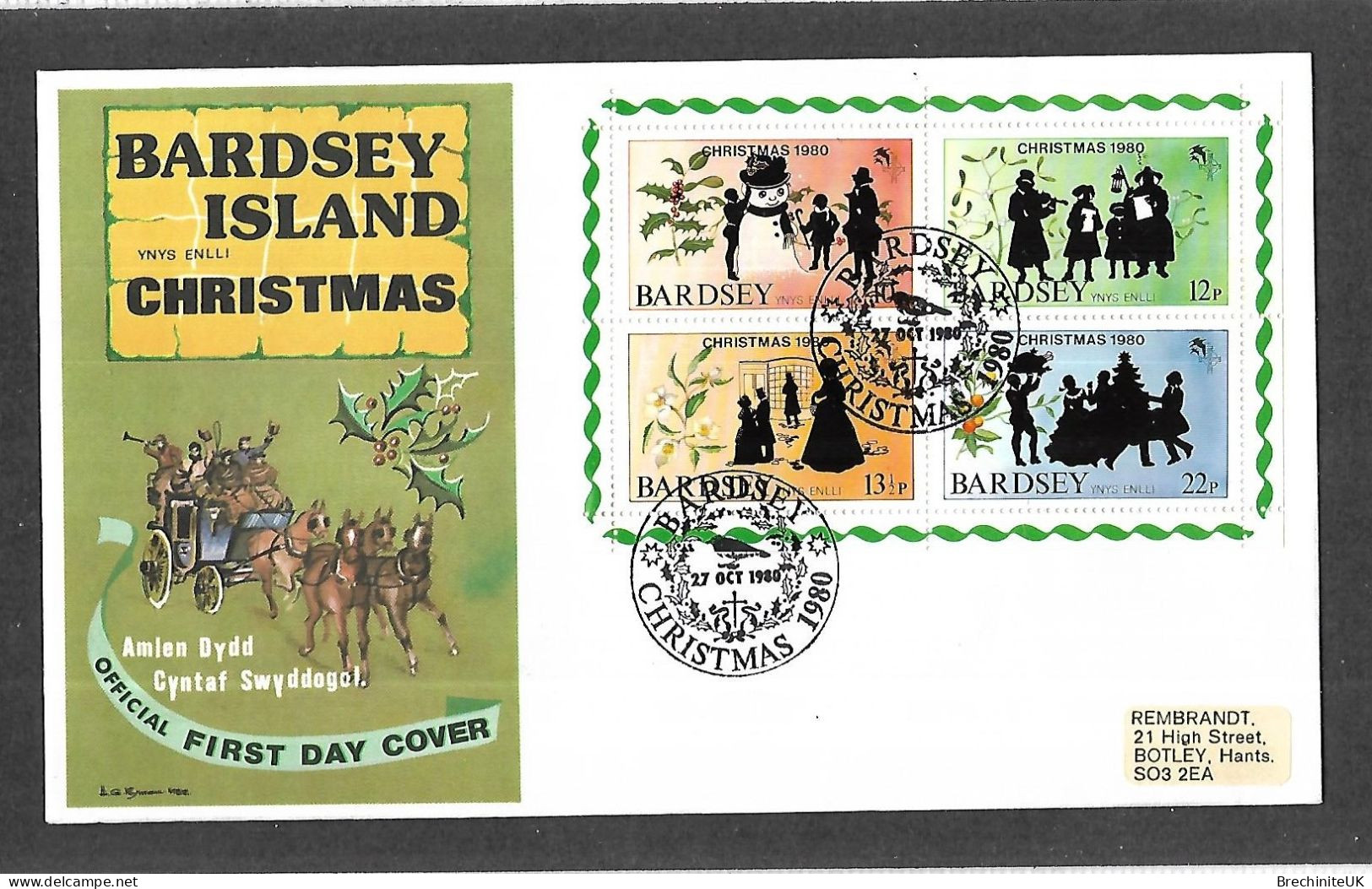 (N578) Great Britain BARDSEY ISLAND, 1980 Christmas Stamp Minisheet FDC - Local Issues