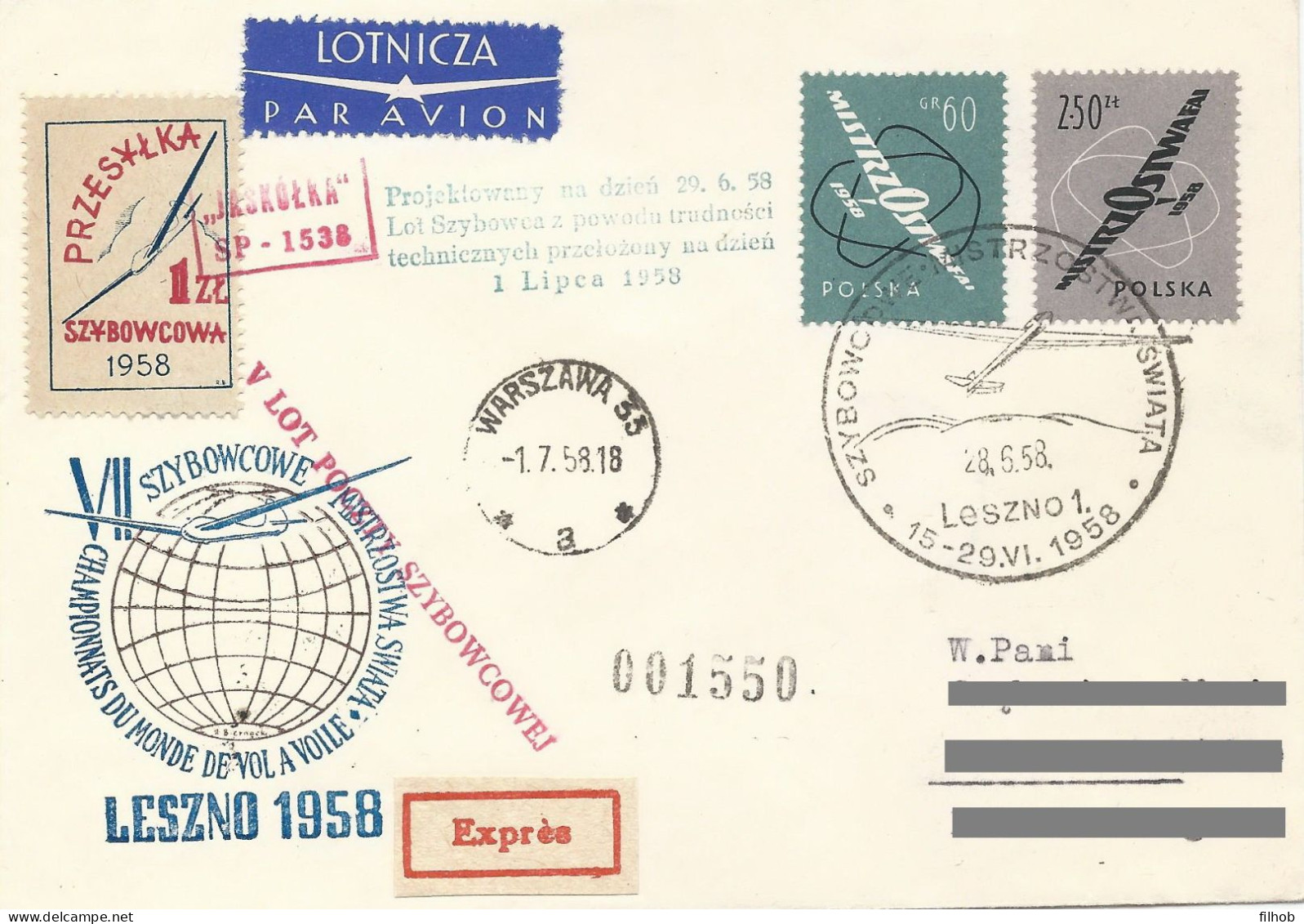 Poland Post - Glider PSZ.1958.lesz.01: Sport Leszno World Championship Jaskolka - Planeurs