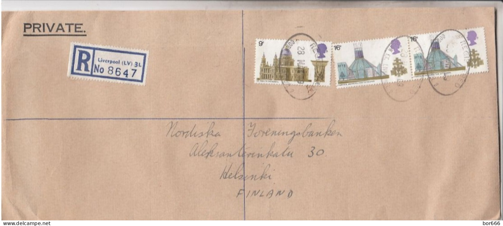 GOOD GB " REGISTERED " Postal Cover To FINLAND 1969 - Good Stamped: Cathedrals - Oblitérés