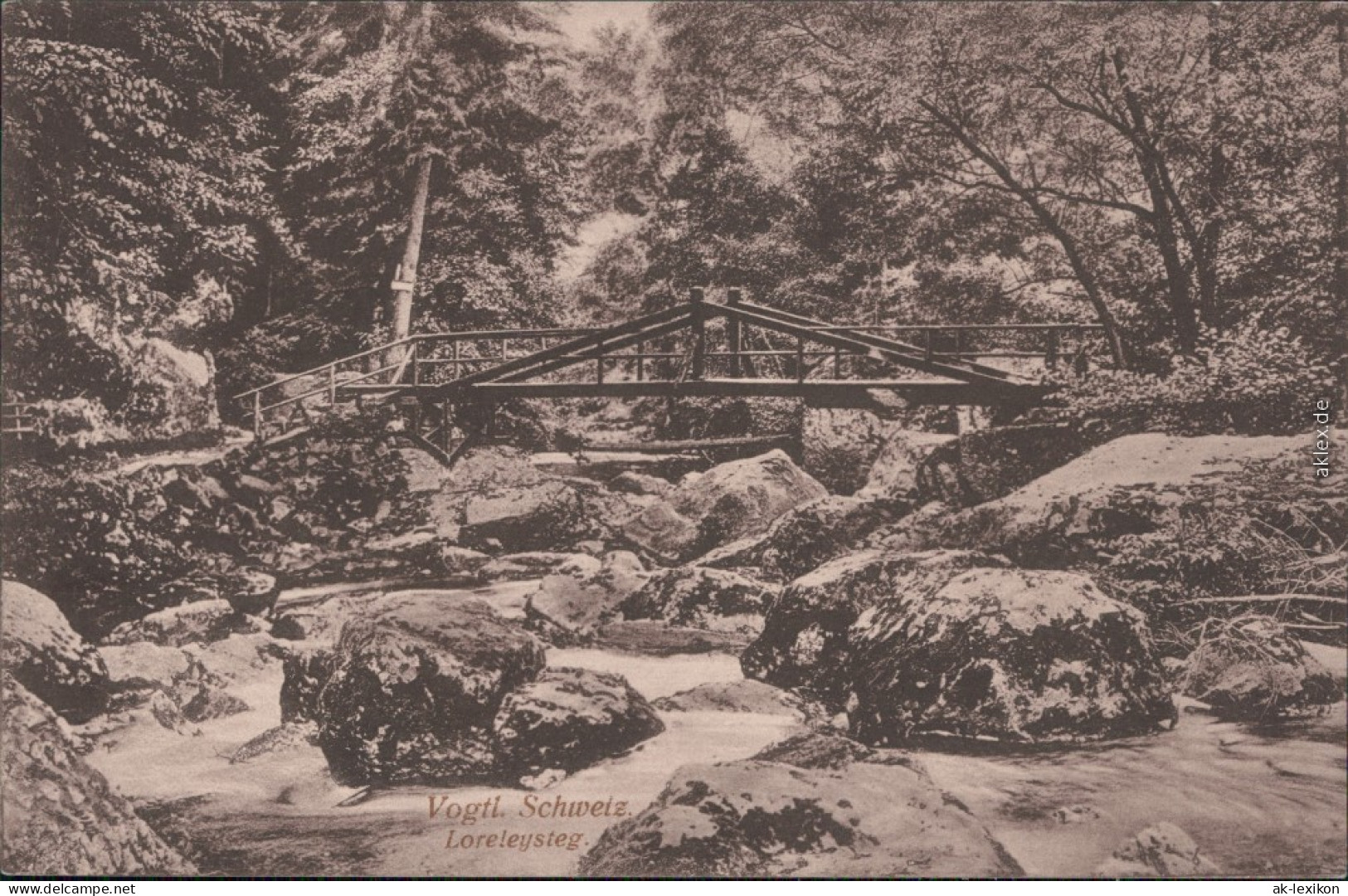 Jocketa-Pöhl Loreleysteg - Holzbrücke, Vogtländische Schweiz 1916  - Poehl