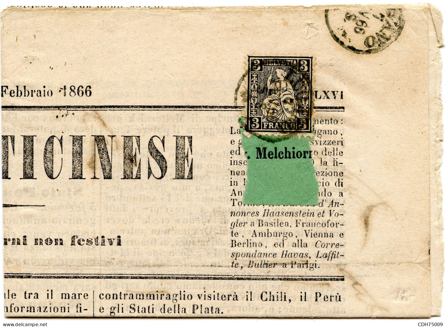SUISSE - SBK 29  3C NOIR SUR GAZETTA TICINESE, 1866 - Briefe U. Dokumente