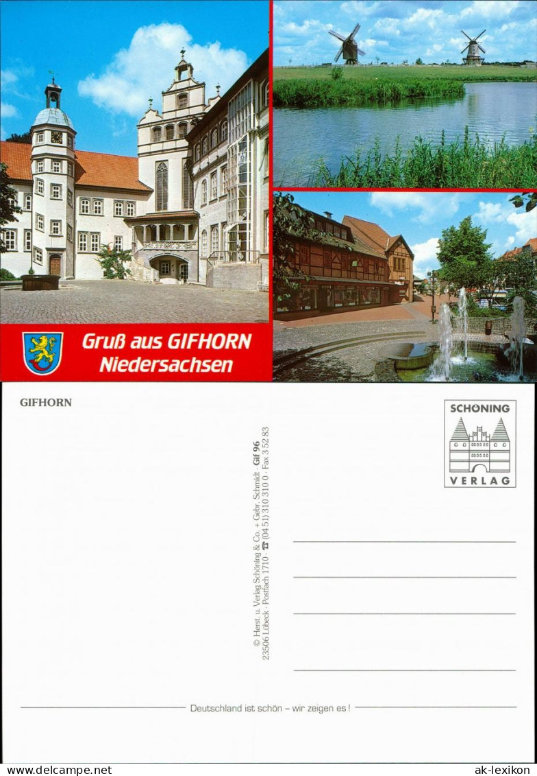 Ansichtskarte Gifhorn Schloss, Windmühlen, Brunnen 1995 - Gifhorn