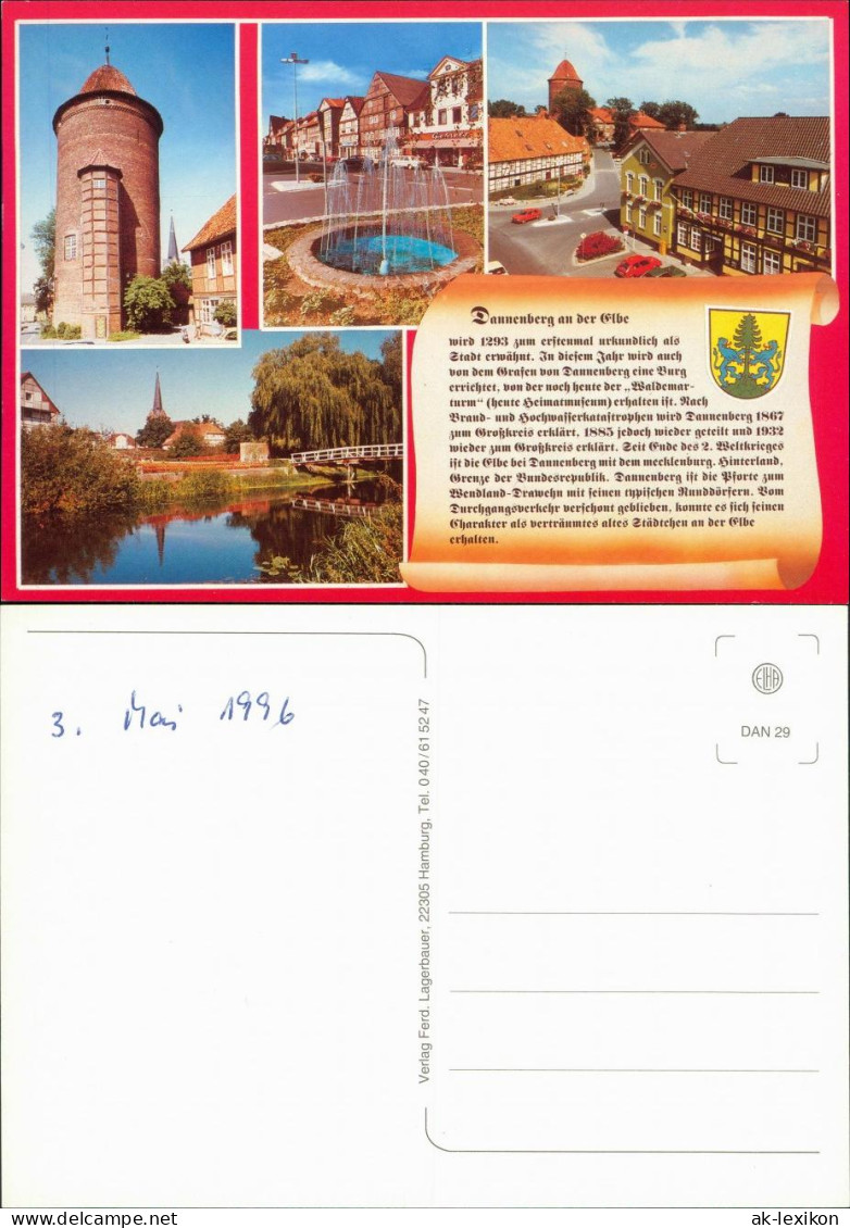 Ansichtskarte Dannenberg (Elbe) Turm, Brunnen, Straße, Jeetzelpartie 1996 - Dannenberg
