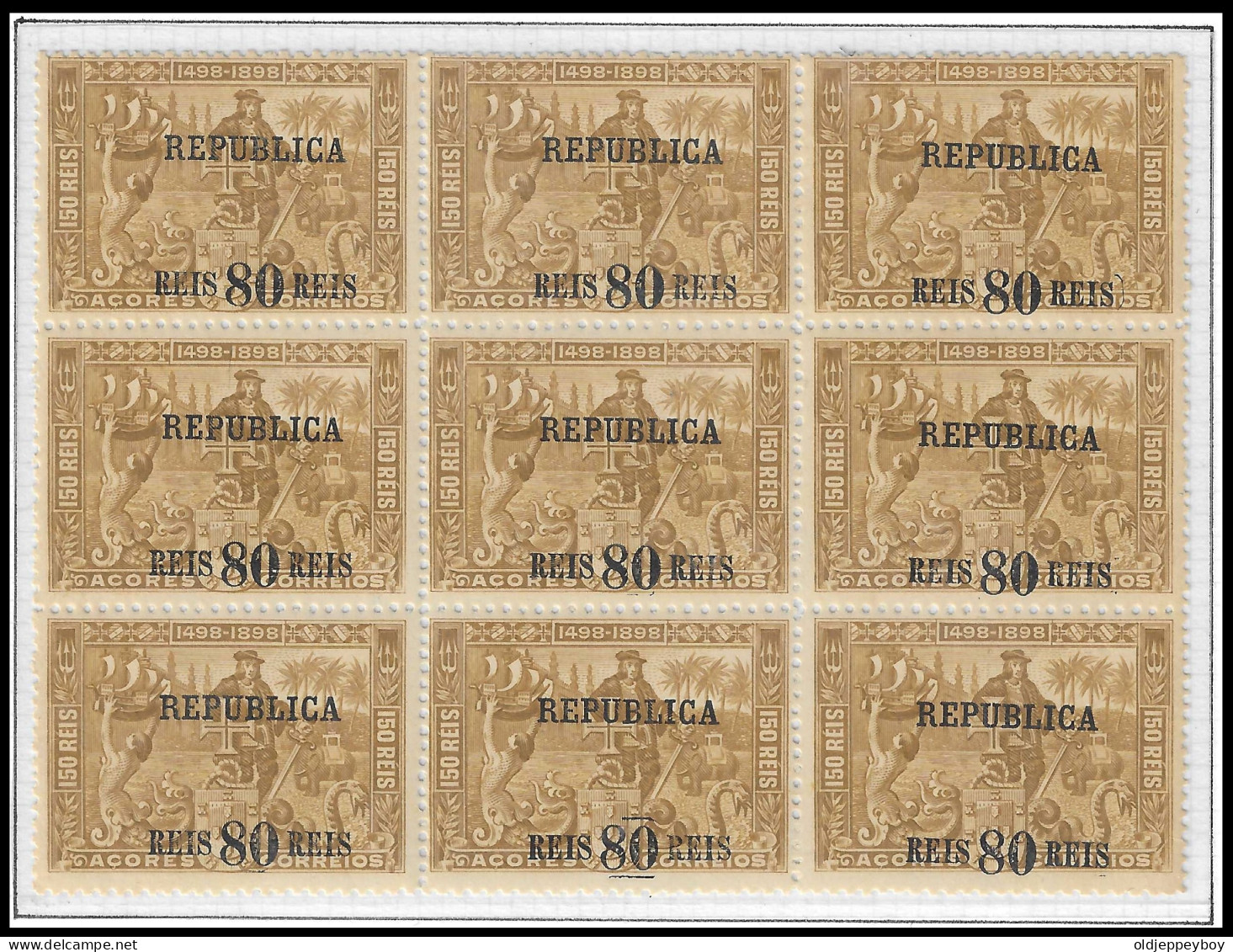 1911 MNH** BLOCK OF 9 Portugal AZORES Açores 4º Centenário Caminho P/ India OVP "Republica"  Erro Variedade Deslocado - Ungebraucht