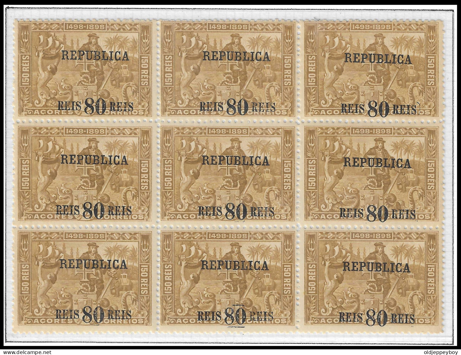 1911 MNH** BLOCK OF 9 Portugal AZORES Açores 4º Centenário Caminho P/ India OVP "Republica"  Erro Variedade Deslocado - Unused Stamps