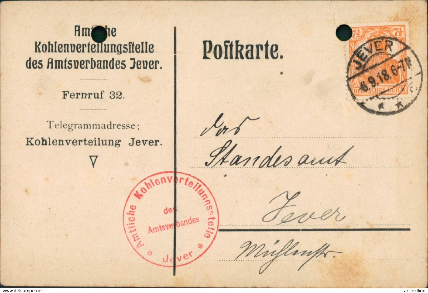 Jever Firmen Postkarte Kohlenverteilungsstelle Amtsverband 1918 Firmenstempel - Jever