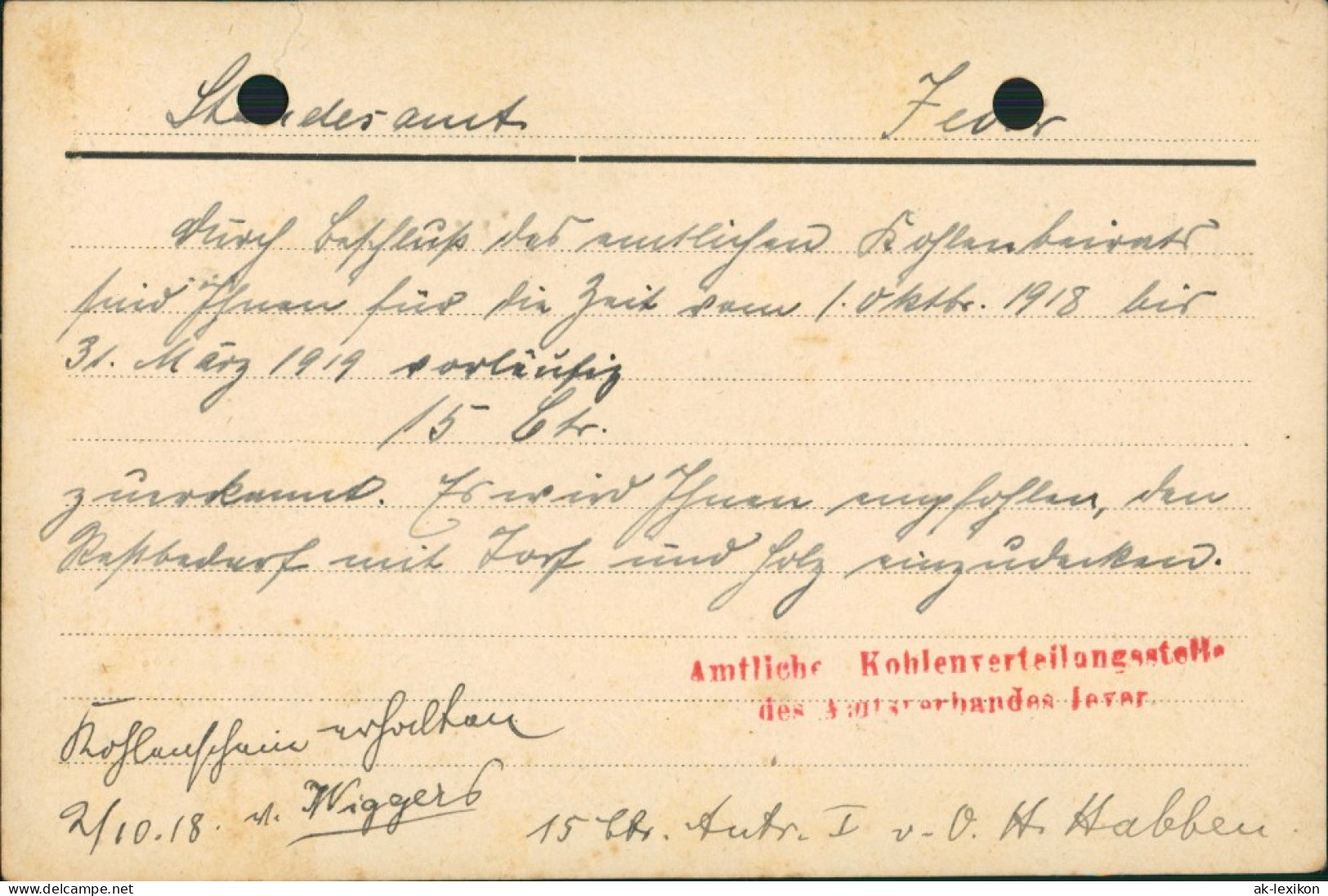 Jever Firmen Postkarte Kohlenverteilungsstelle Amtsverband 1918 Firmenstempel - Jever