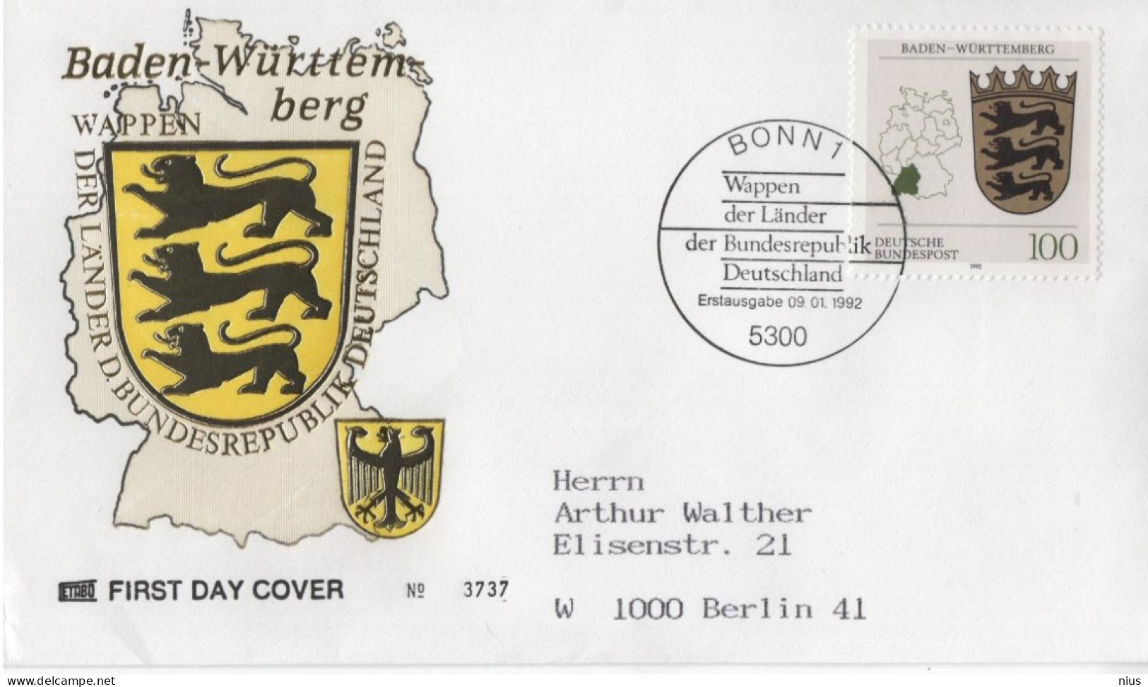 Germany Deutschland 1992 FDC Wappen Der Lander, Baden-Wurttemberg, Canceled In Bonn - 1991-2000