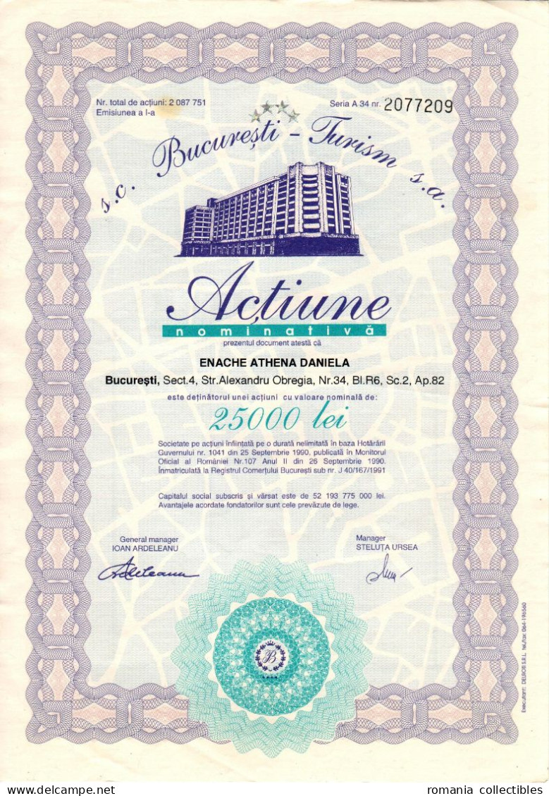 Romania, 1990's, Bucuresti-Turism - Vintage Bond Certificate, 25.000 Lei - A - C