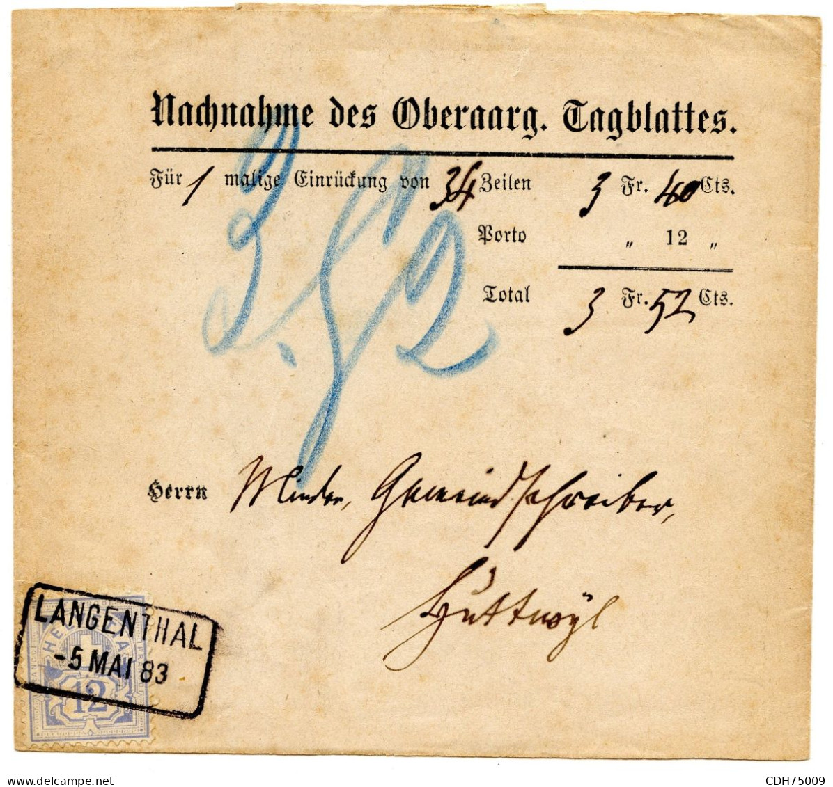 SUISSE - SBK 56  12C BLEU SUR BANDE, 1883 - Cartas & Documentos