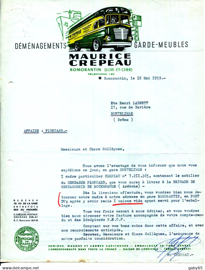 FACTURE.41.LOIR & CHER.ROMORANTIN.DÉMÉNAGEMENTS.GARDE-MEUBLES.MAURICE CREPEAU. - Transport