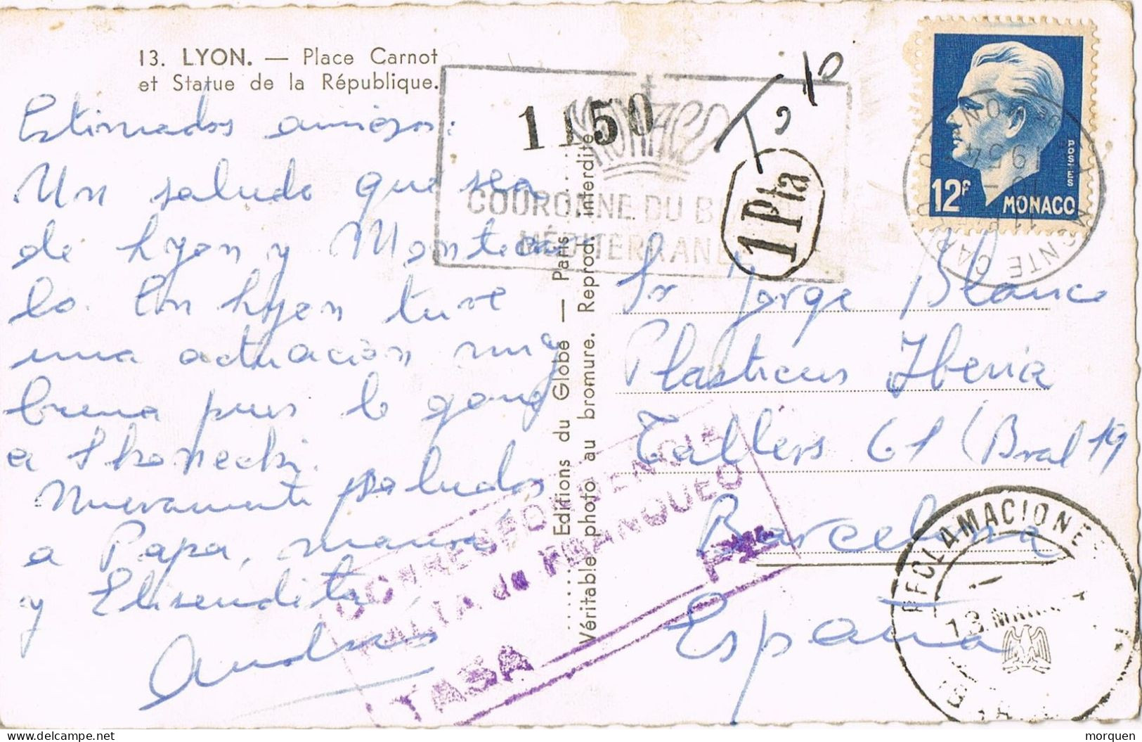 54095. Postal MONTECARLO (Monaco)  1954 A Barcelona, TAXE, Tasada. Fechador Reclamaciones BARCELONA - Covers & Documents