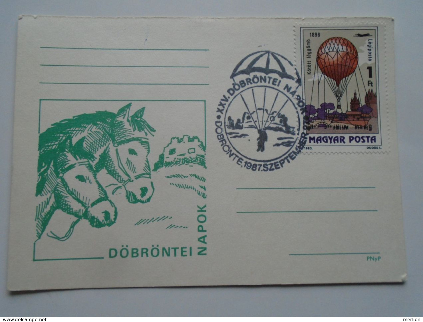 D201182  Hungary  Postcard Levelezőlap - Döbröntei Napok  1987  Parachuting Parachute  Balloon Horses - Marcophilie