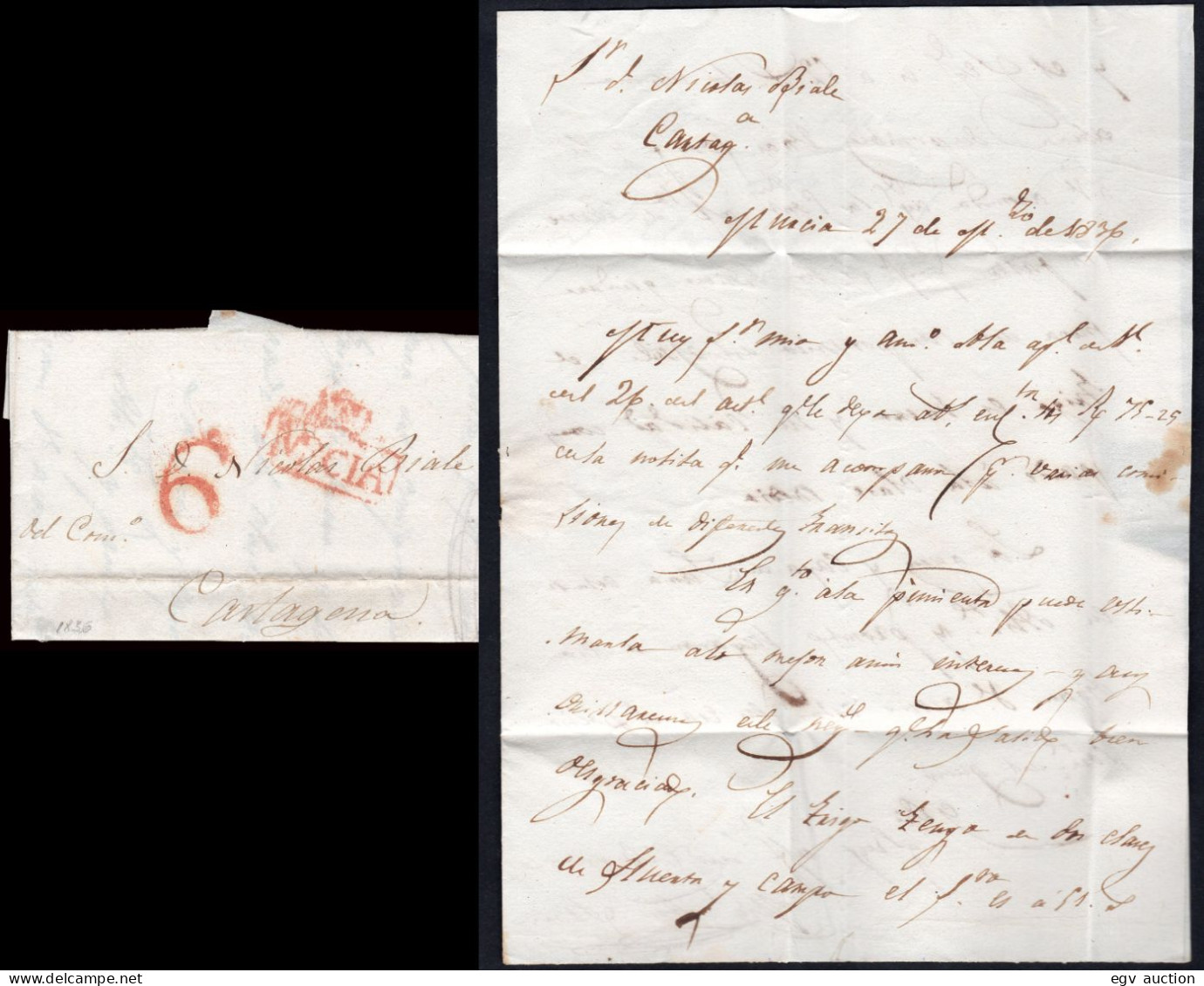 Murcia - Prefilatelia - PE 8R - 1836 - Carta A Cartagena + Porteo "6" - ...-1850 Prefilatelia