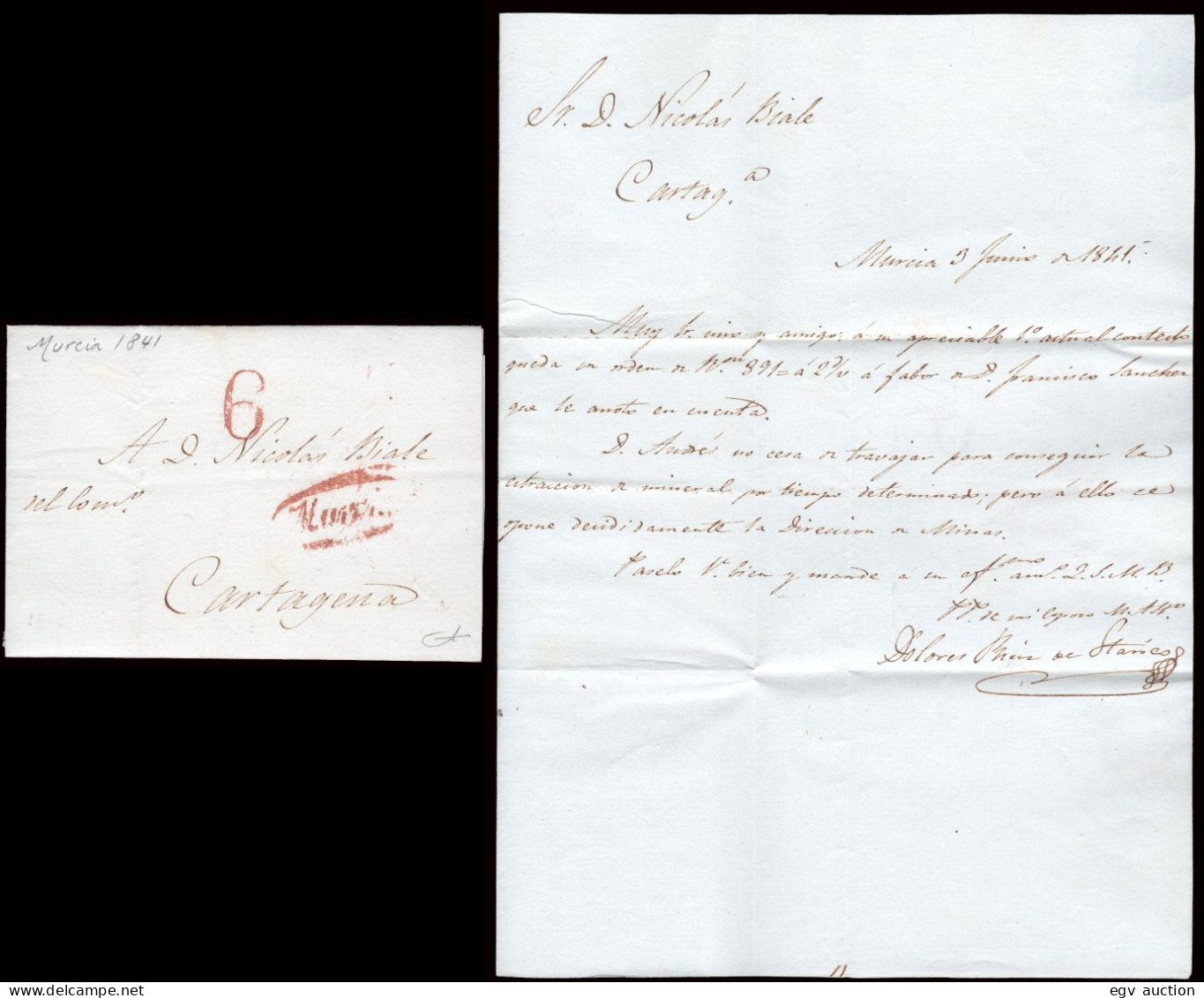 Murcia - Prefilatelia - PE 10R - 1841 - Carta A Cartagena + Porteo "6" - ...-1850 Prephilately