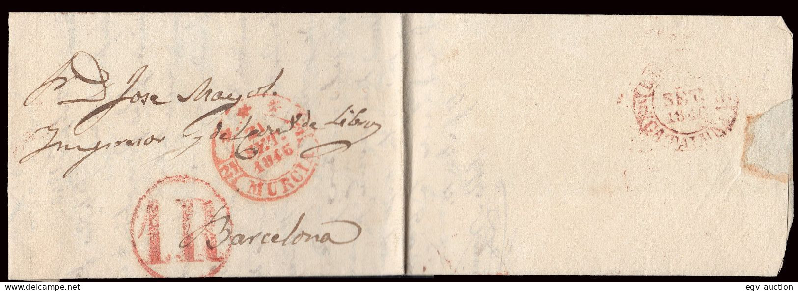 Murcia - Prefilatelia - PE 11R - 1846 - Carta A Barcelona + Porteo "1R" - ...-1850 Prefilatelia