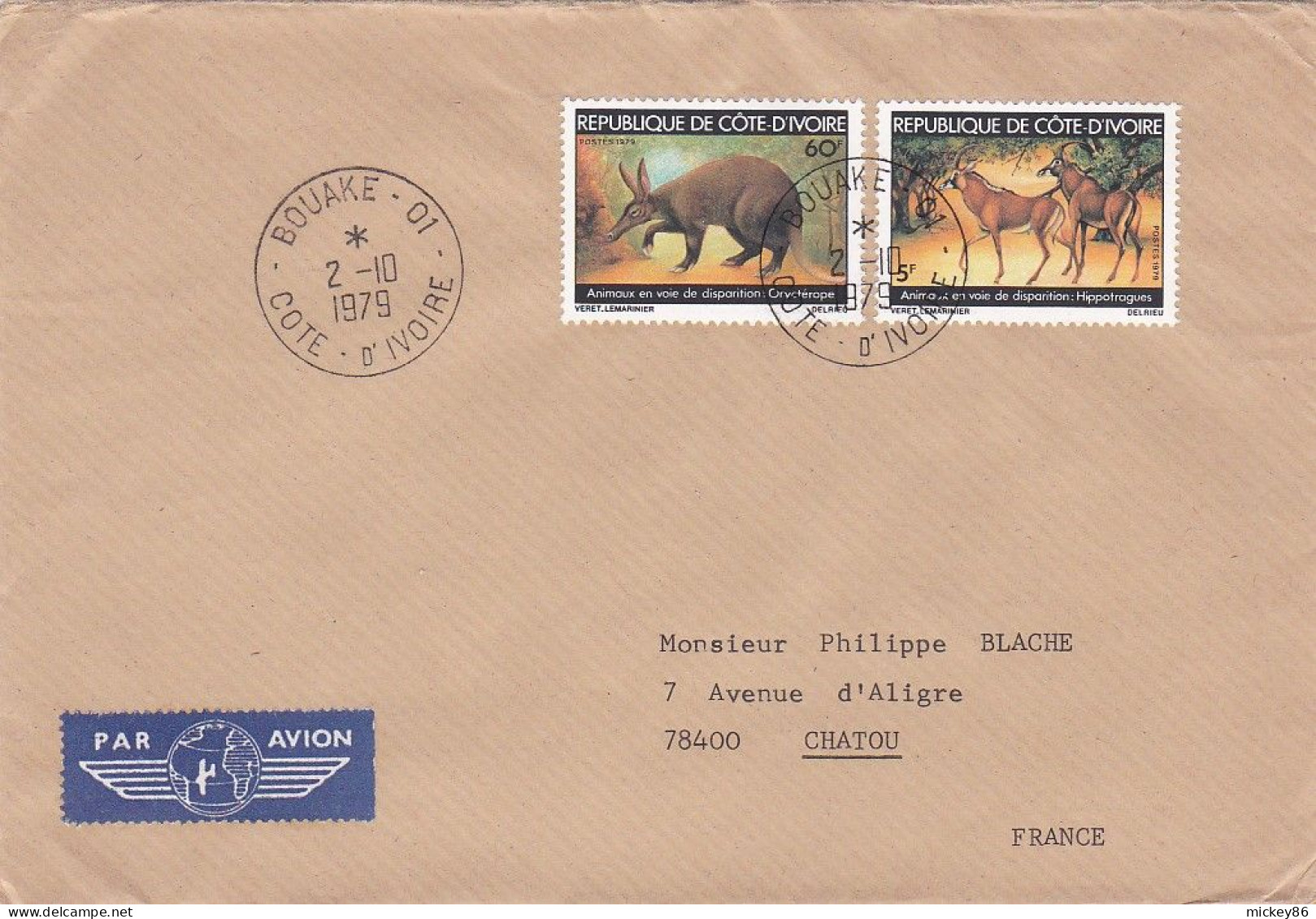 COTE D'IVOIRE ---1979--Lettre De BOUAKE.01  Pour CHATOU-78 ( France).. Beaux Timbres (animaux)....beaux Cachets - Côte D'Ivoire (1960-...)