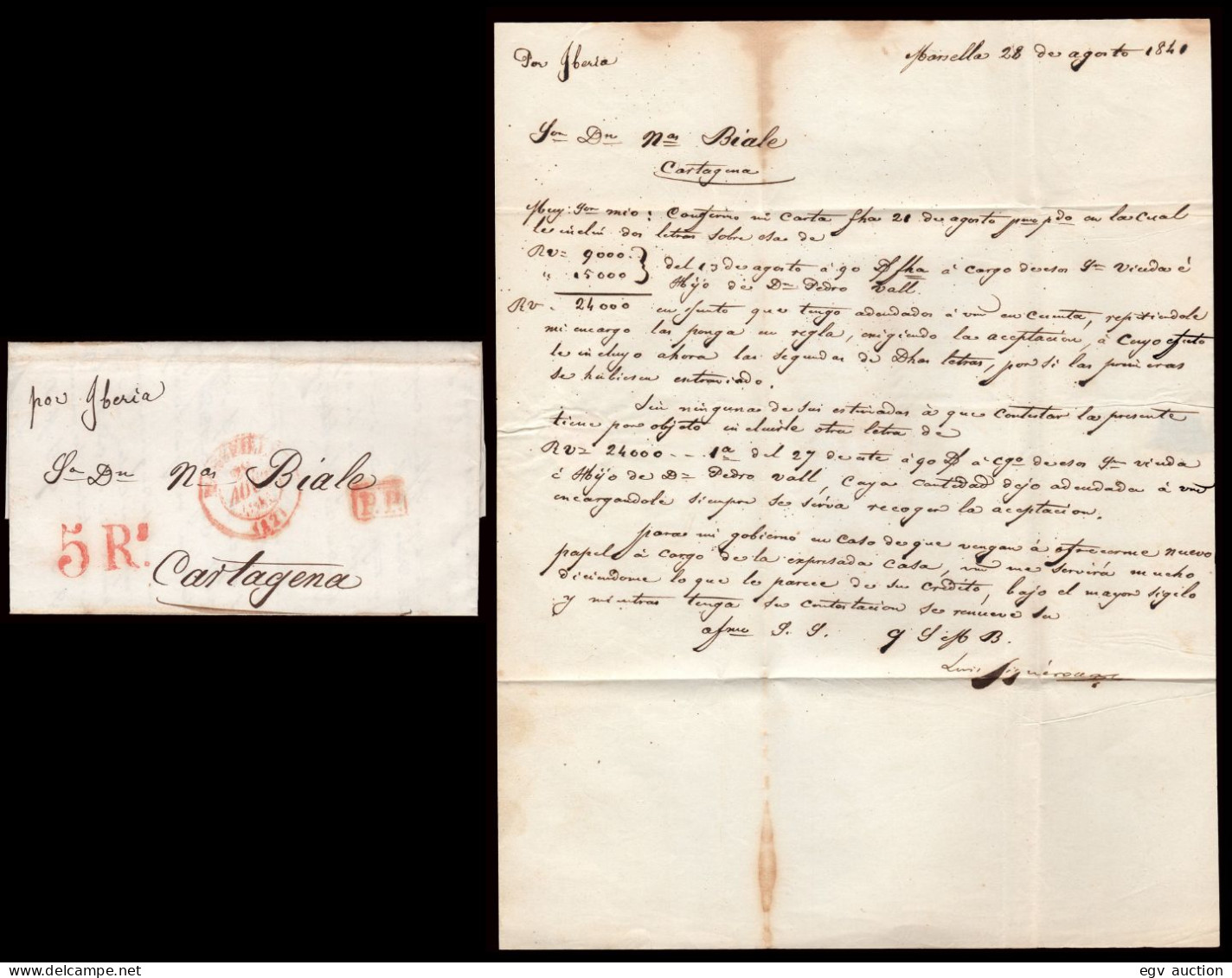 Murcia - Prefilatelia - 1841 - Carta De Marsella Por Buque "Iberia" A Cartagena + Porteo "5R" + "P.P" - ...-1850 Prefilatelia