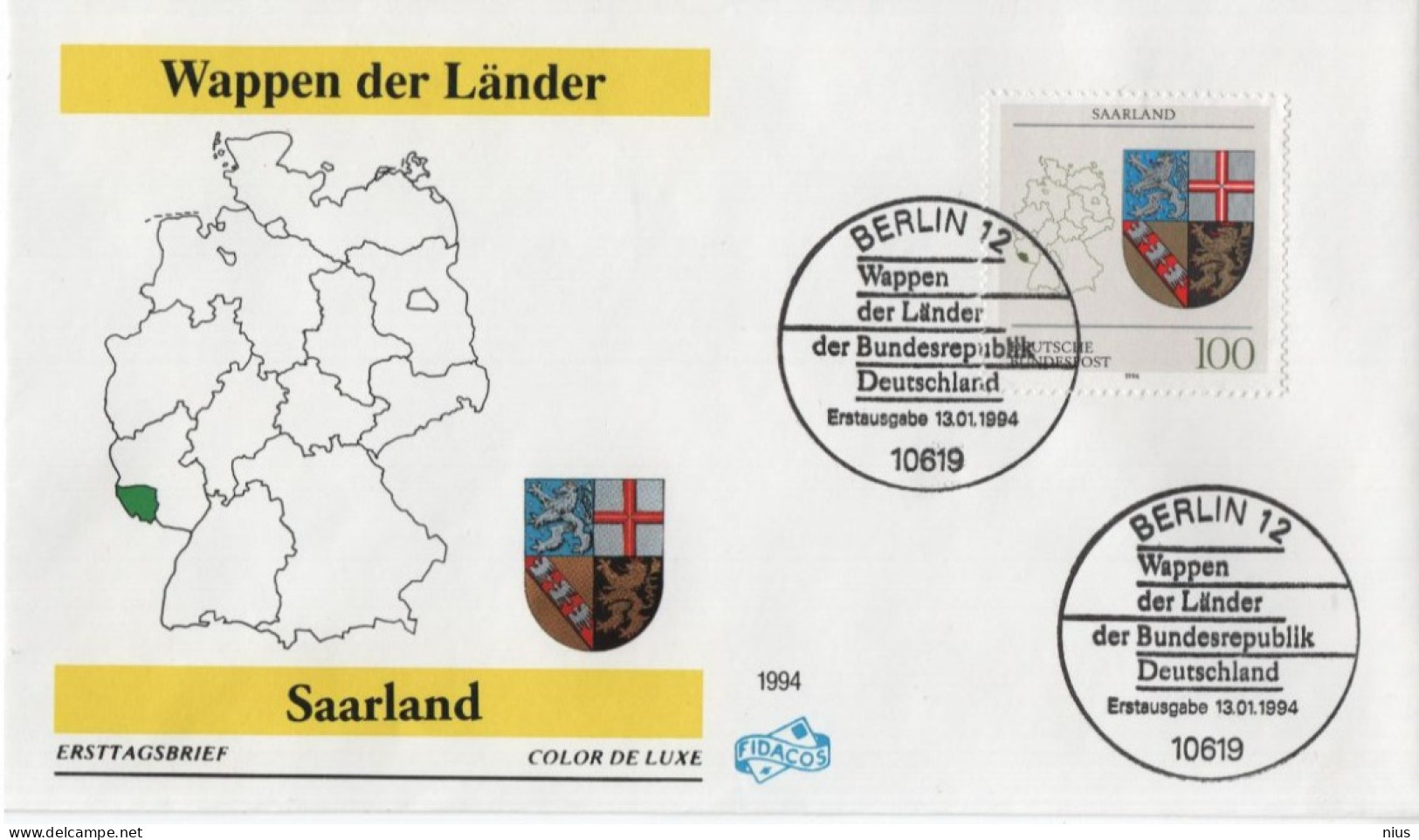 Germany Deutschland 1994 FDC Wappen Der Lander, Saarland, Canceled In Berlin - 1991-2000