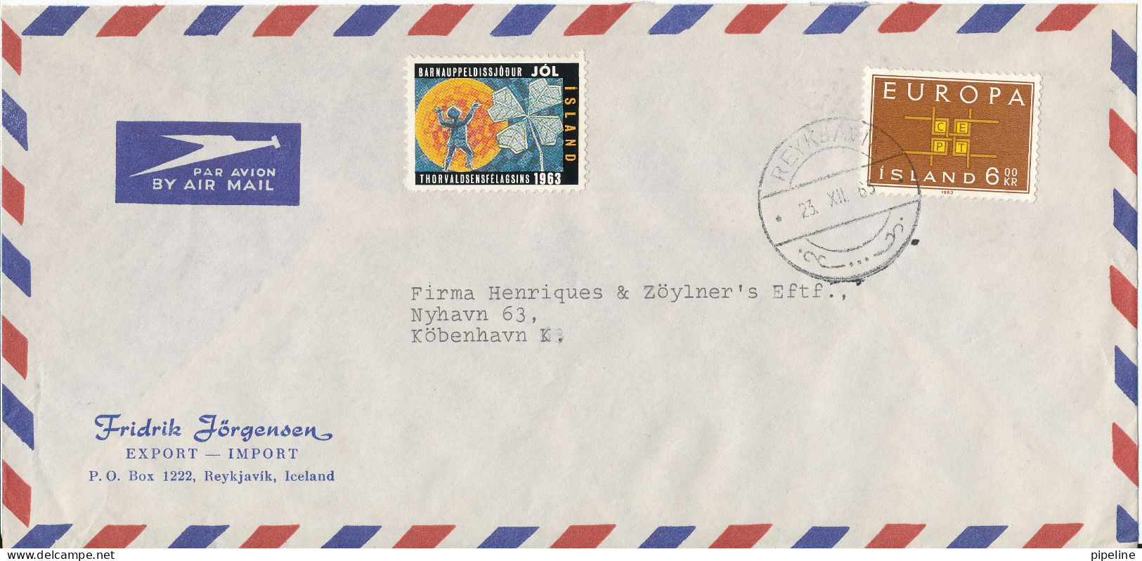 Iceland Air Mail Cover Sent To Denmark 23-12-1963 Single Stamp EUROPA CEPT And A Christmas Seal - Aéreo