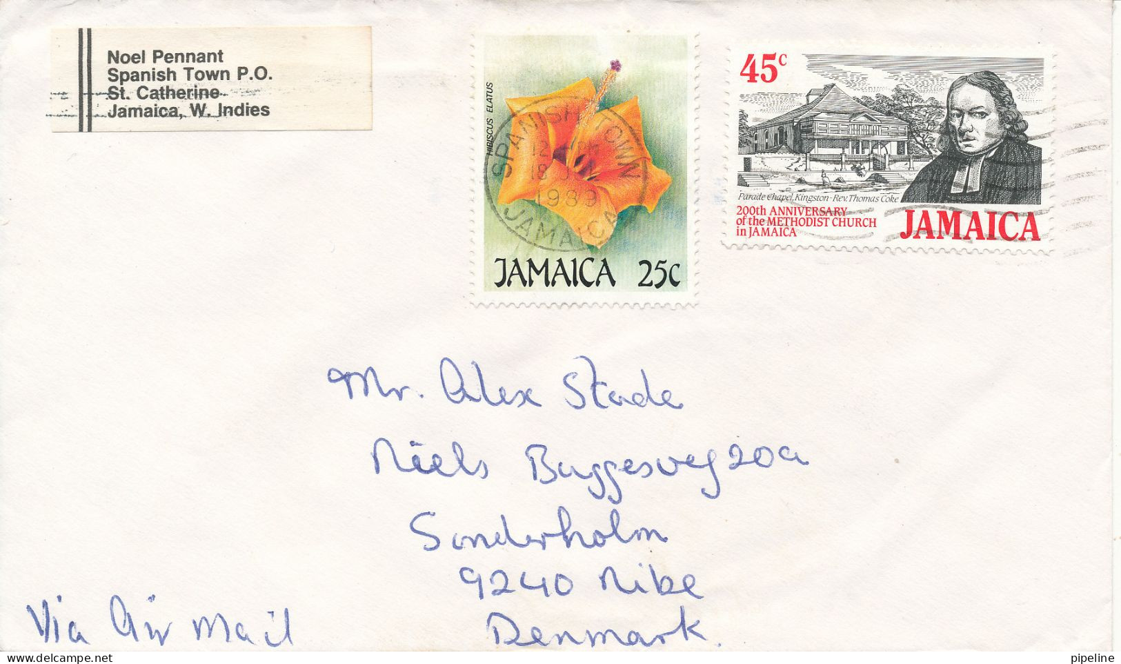 Jamaica Cover Sent Air Mail To Denmark Spanish Town 18-7-1989 - Jamaica (1962-...)