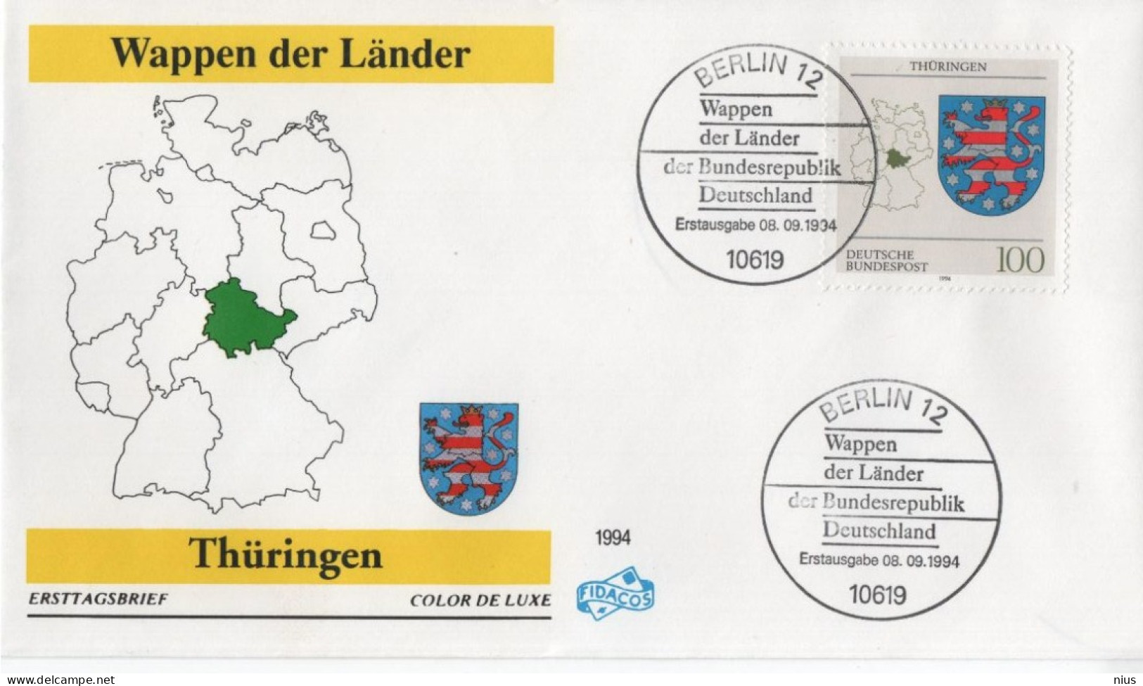 Germany Deutschland 1994 FDC Wappen Der Lander, Thuringen, Canceled In Berlin - 1991-2000