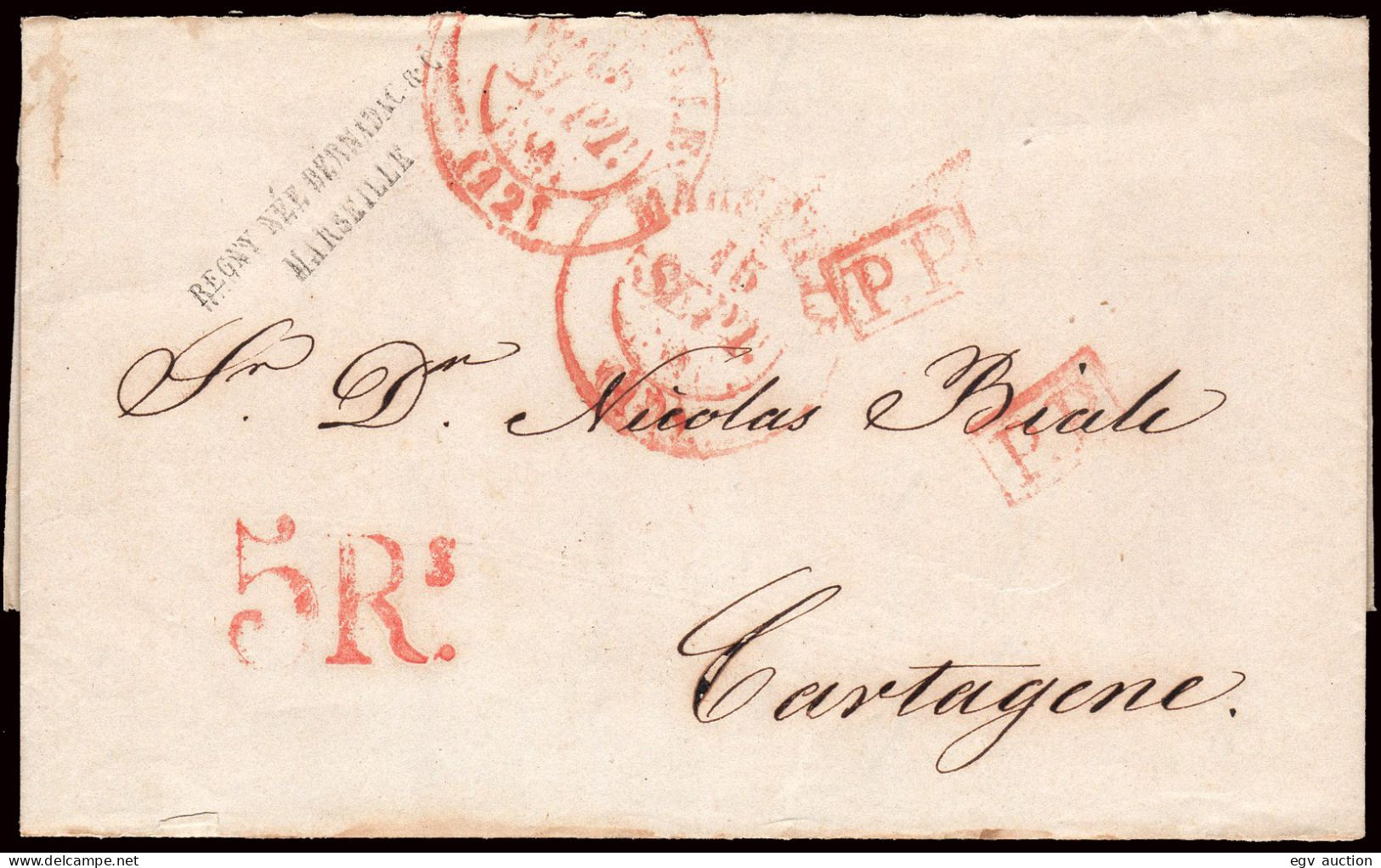 Murcia - Prefilatelia - Cartagena - 1841 - Carta Con Salida Marsella A Cartagena Por Vapor "Mercurio" + Porteo "5R" + - ...-1850 Prephilately
