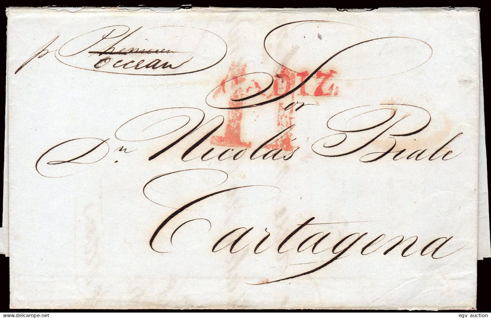 Murcia - Prefilatelia - Cartagena - 1841 - Carta De Cádiz A Cartagena Por Vapor "Ocena" (tachado P. Phenicien) + - ...-1850 Prephilately
