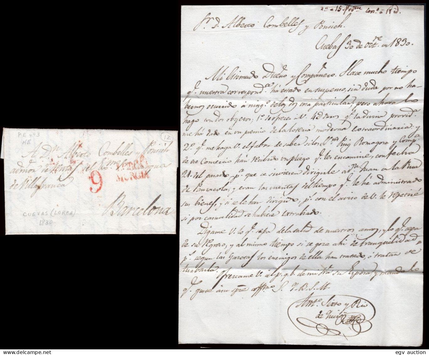 Murcia - Prefilatelia - Lorca PE 4R - 1830 - Carta Fechada En "Cuebas" A Barcelona + Porteo "9" - ...-1850 Prefilatelia