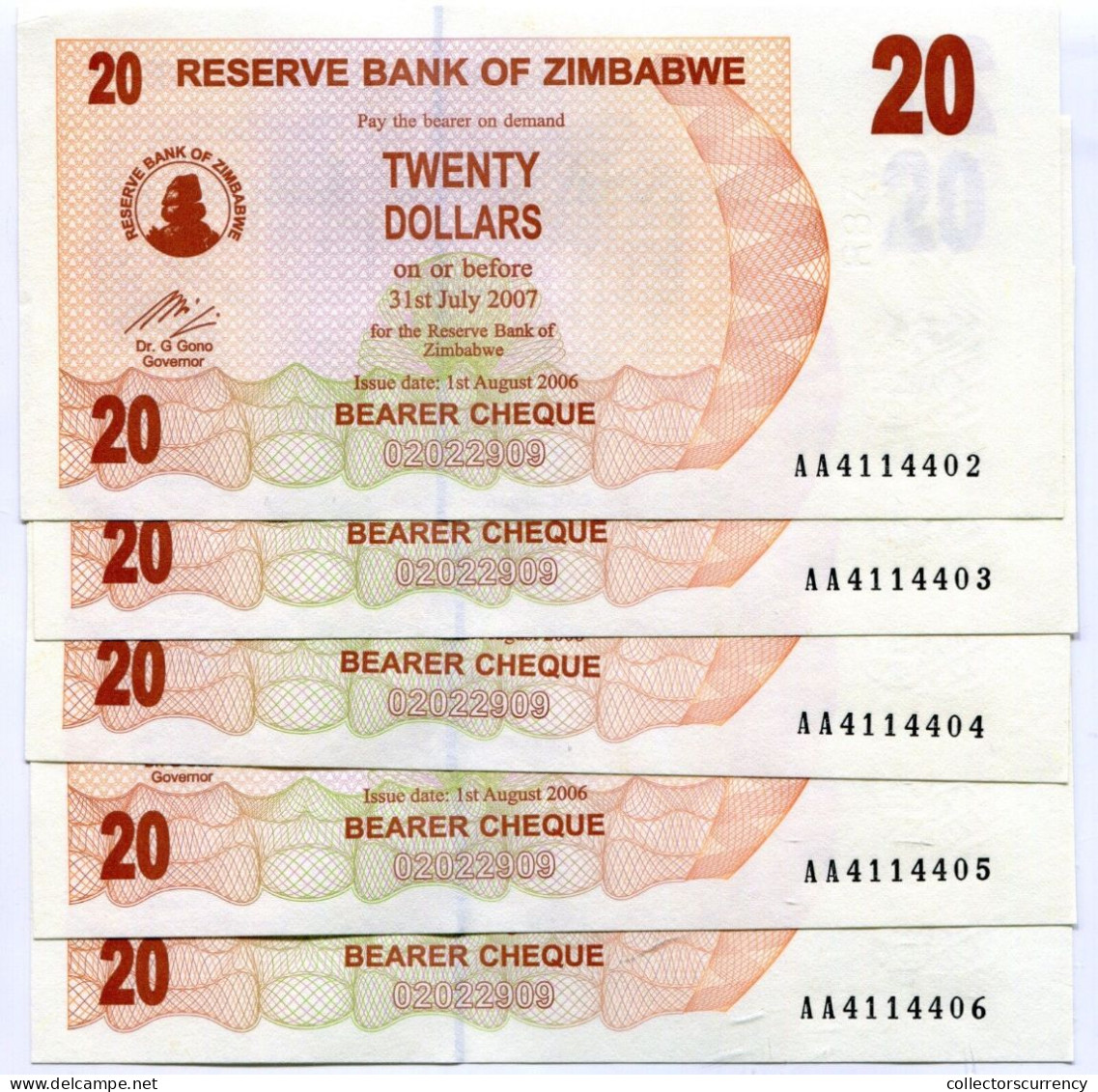 Zimbabwe 2006 P40 20 Dollar Bearer Check Unc X 5 Consecutive Note Lot - AA - Zimbabwe