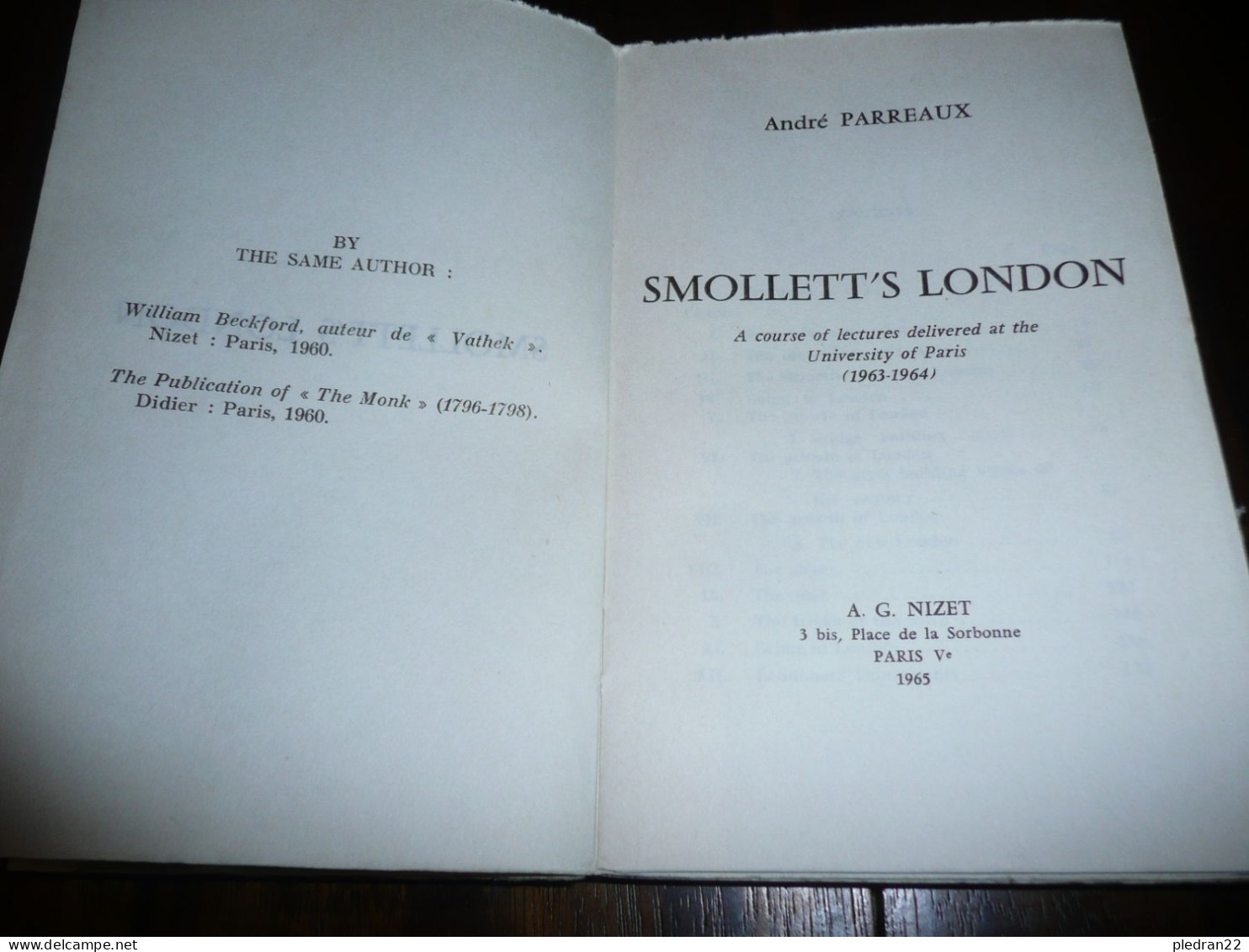 ANDRE PARREAUX SMOLLETT'S LONDON SERIE DE COURS DE LITTERATURE A L' UNIVERSITE DE PARIS EDITIONS NIZET 1965 - Cultural