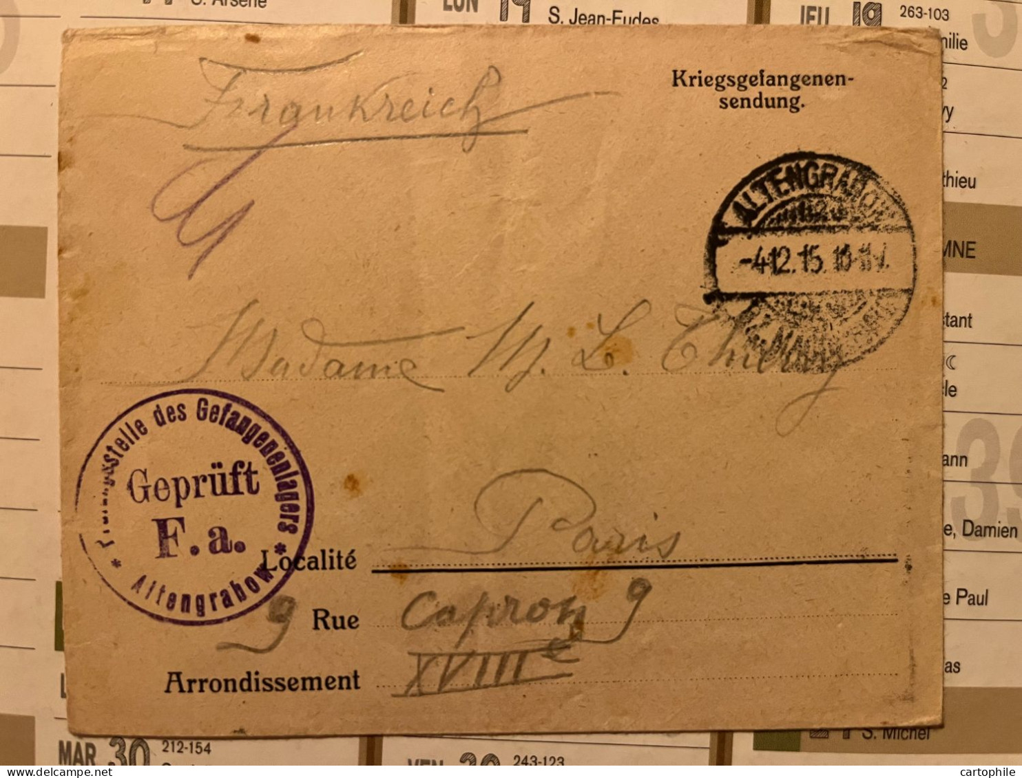 LSC De Prisonnier Français En 1915 De Altengrabow Möckern Pour Paris - Correos De Prisioneros De Guerra