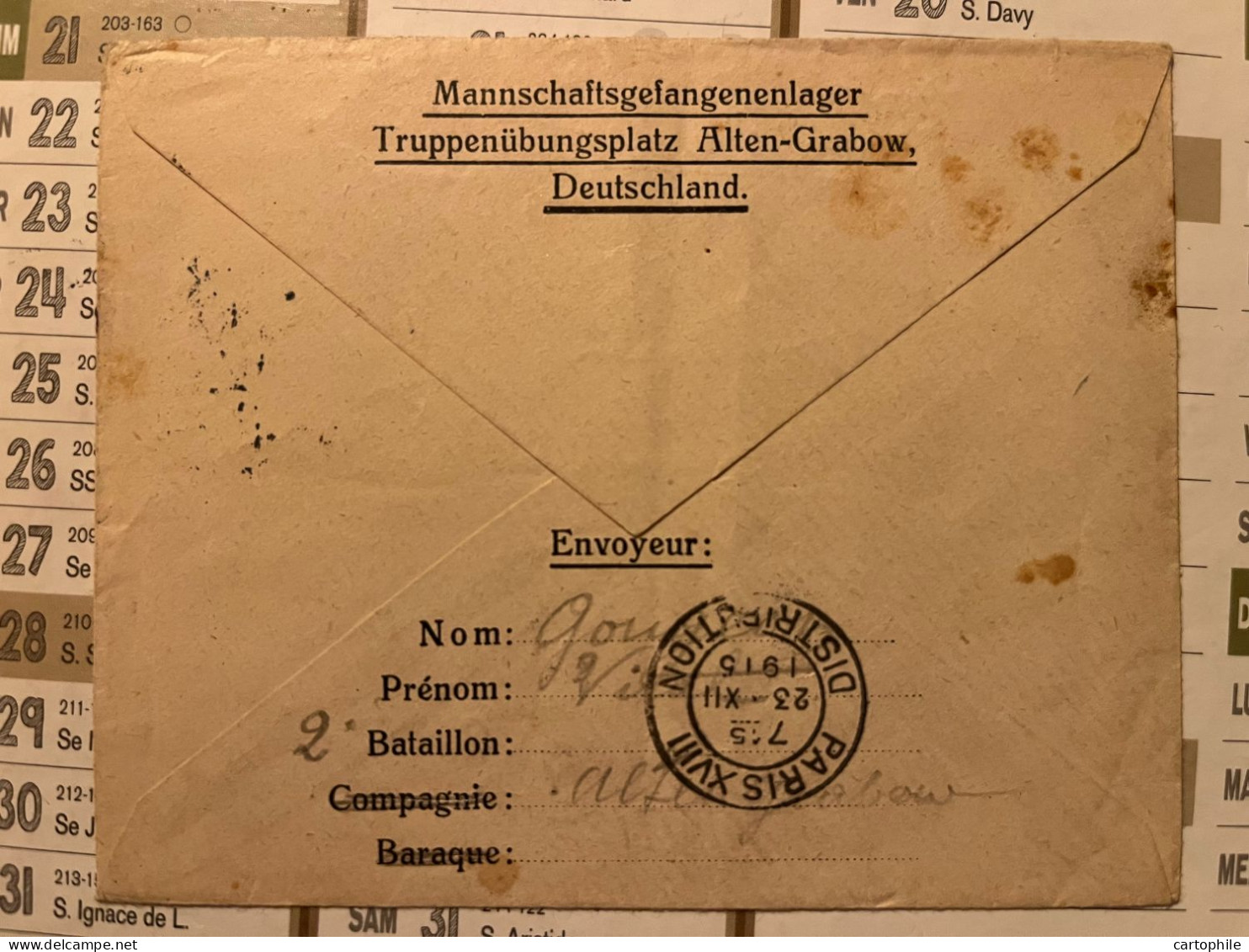 LSC De Prisonnier Français En 1915 De Altengrabow Möckern Pour Paris - Correos De Prisioneros De Guerra