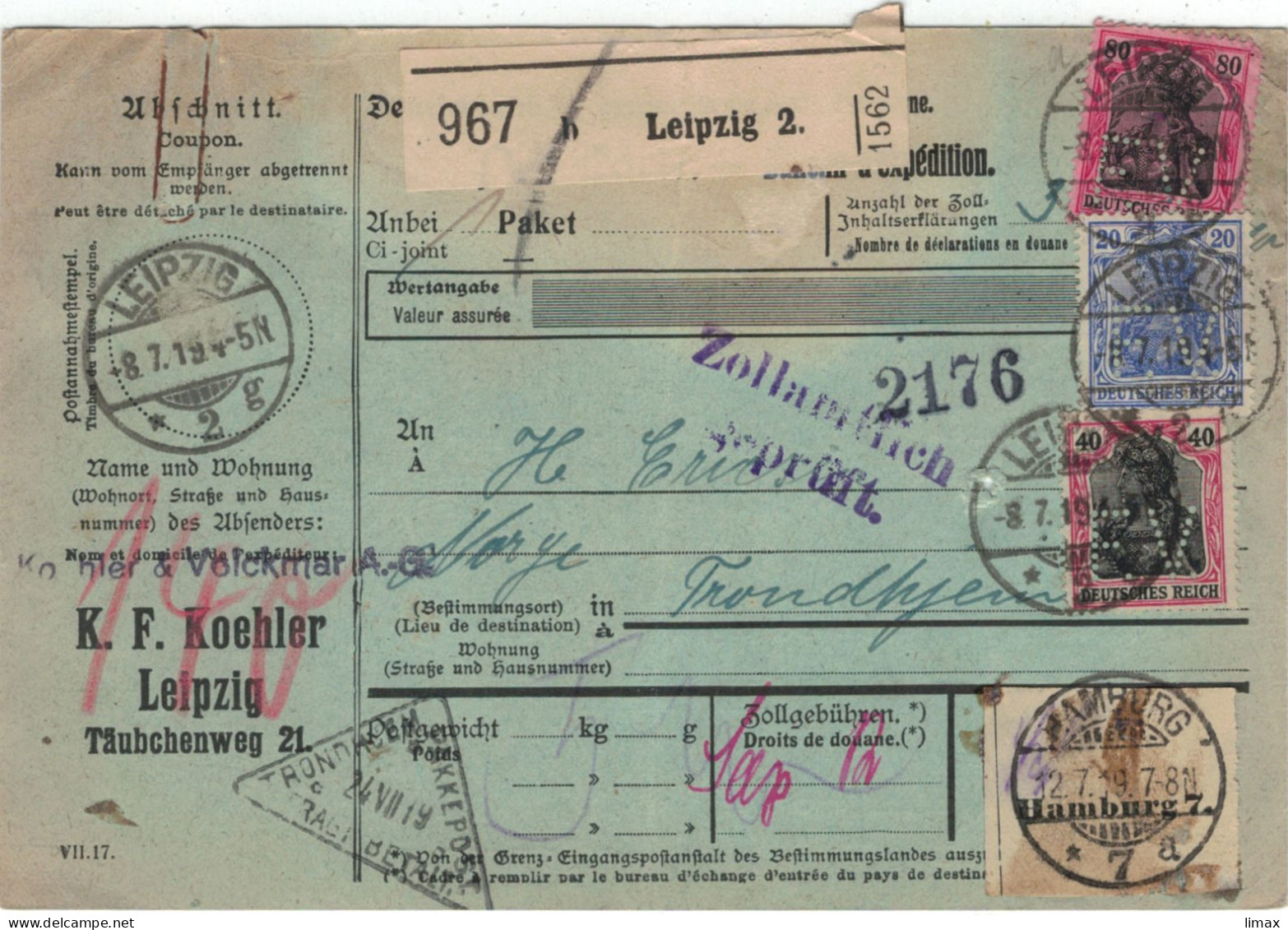 Zollinhaltserklärung Koehler & Volckmar Leipzig 1919 > Trondheim Norwegen - Paket Bücher 5 KG Mit Paketkarte Perfin - Otros & Sin Clasificación