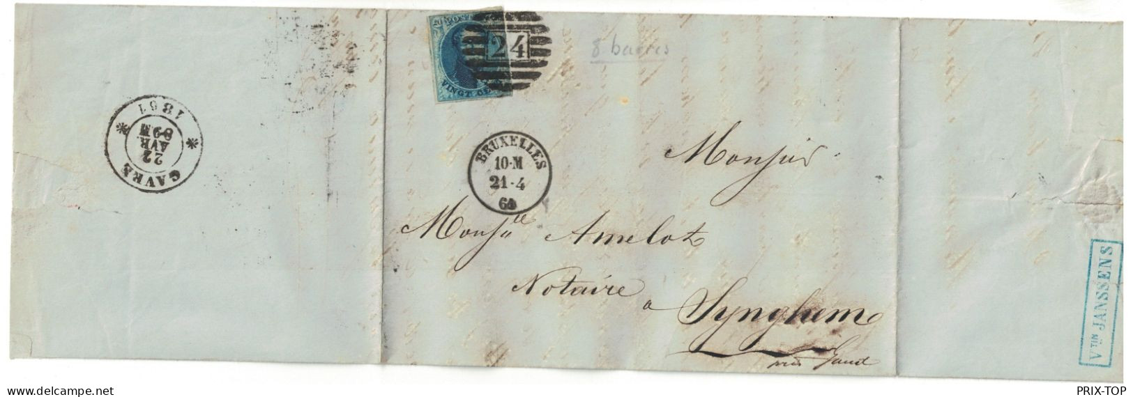 TP 11 S/LAC Maison Janssens Obl. 8 Barres + BXL 21/4/61 > Notaire Synghem C. D'arrivée Gavre 22/4/1861 Distribution - Postmarks - Lines: Perceptions