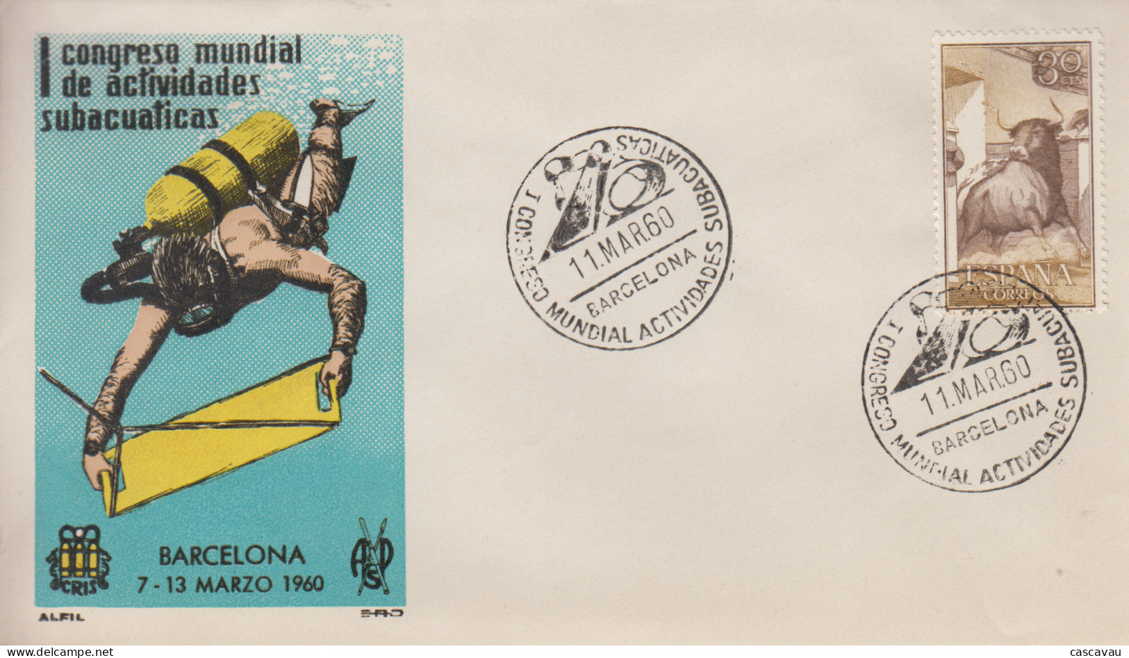 Enveloppe  ESPAGNE    Congrés   Mondial   D' Activités   Subaquatiques    BARCELONA   1960 - Immersione