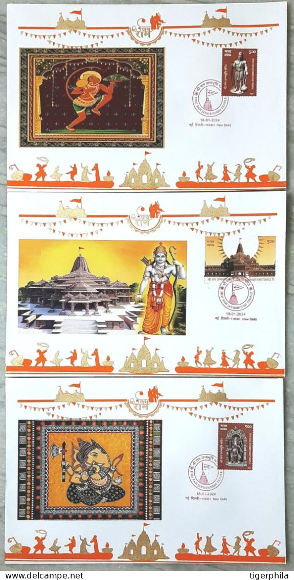 INDIA , SHREE RAMJANMABHOOMI TEMPLE , Ram Mandir 2024 COMPLETE SET Of 6 FDC , NEW DELHI PLACE CANCELLATION - Covers & Documents