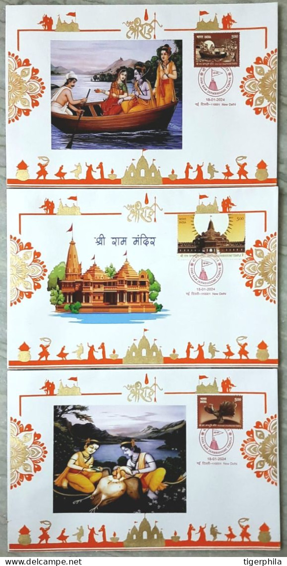 INDIA , SHREE RAMJANMABHOOMI TEMPLE , Ram Mandir 2024 COMPLETE SET Of 6 FDC , NEW DELHI PLACE CANCELLATION - Lettres & Documents