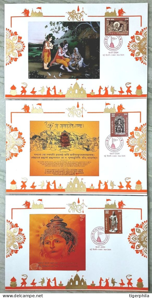INDIA , SHREE RAMJANMABHOOMI TEMPLE , Ram Mandir 2024 COMPLETE SET Of 6 FDC , NEW DELHI PLACE CANCELLATION - Lettres & Documents