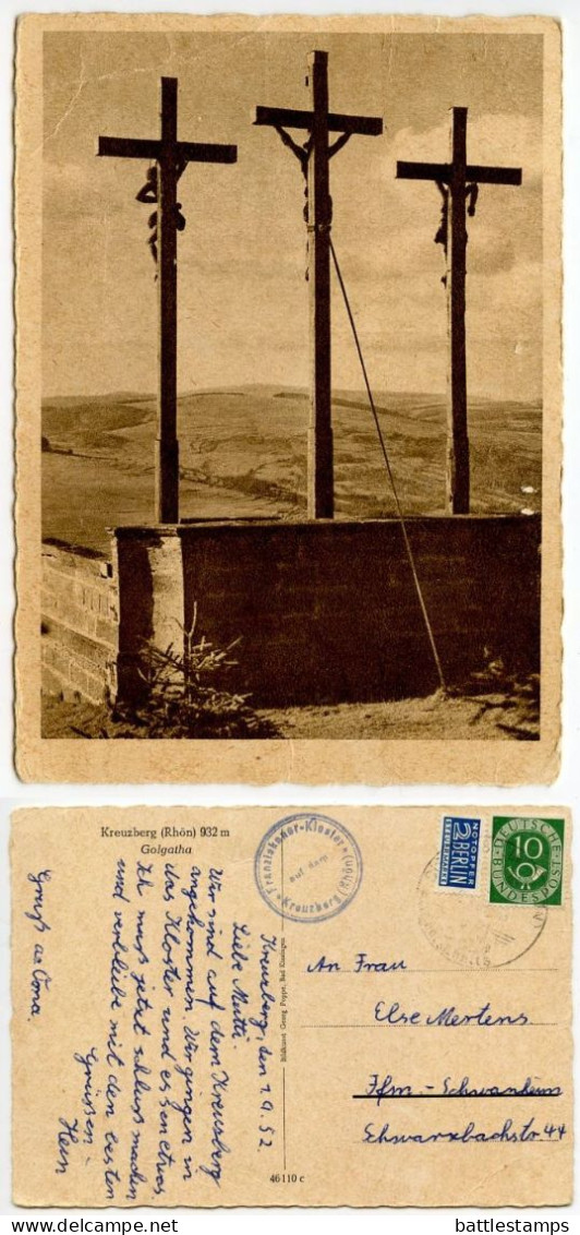 Germany, West 1952 Postcard Kreuzberg (Rhön) 932 M - Golgatha (Crucifixes); Blue Flea Tax Stamp - Kreuzberg