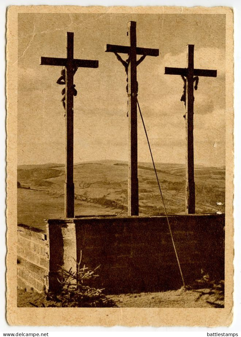 Germany, West 1952 Postcard Kreuzberg (Rhön) 932 M - Golgatha (Crucifixes); Blue Flea Tax Stamp - Kreuzberg